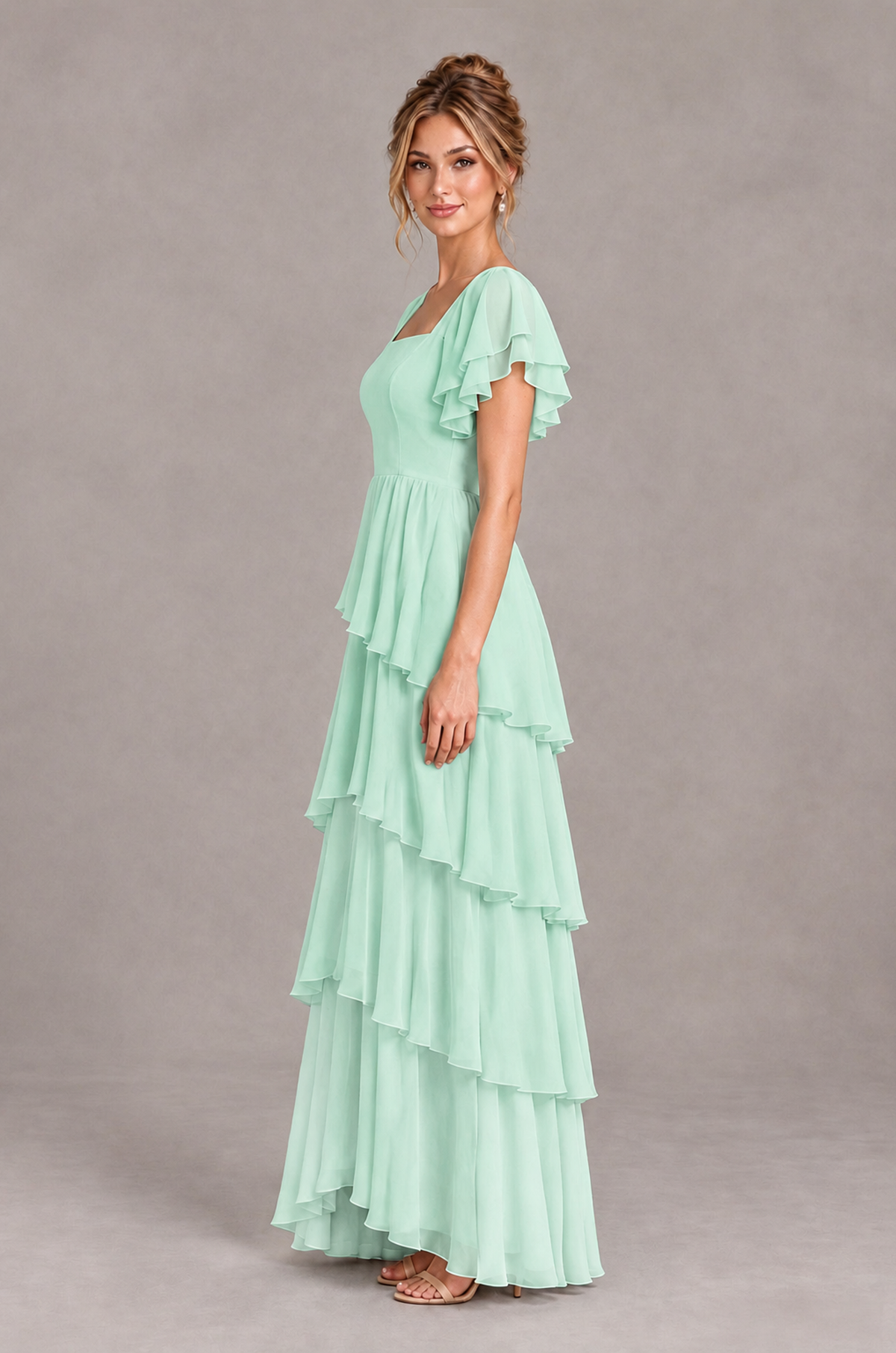 BOLODOO Mint Green Square Neck Flutter Sleeve Tiered Chiffon Bridesmaid Dress with Lace-Up Back - Mint Green - Mint Green_4