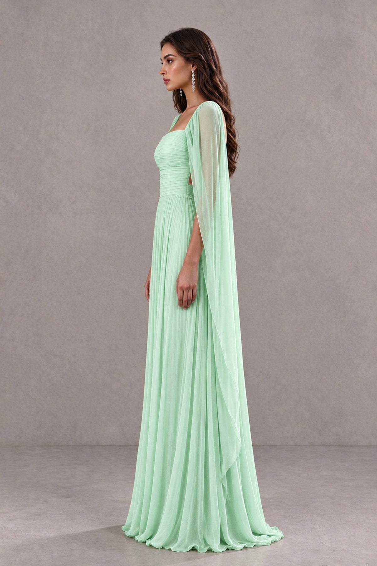 BOLODOO Mint Green Square Neck Cape Sleeve A-Line Evening Dress - Mint Green - Mint_Green_4
