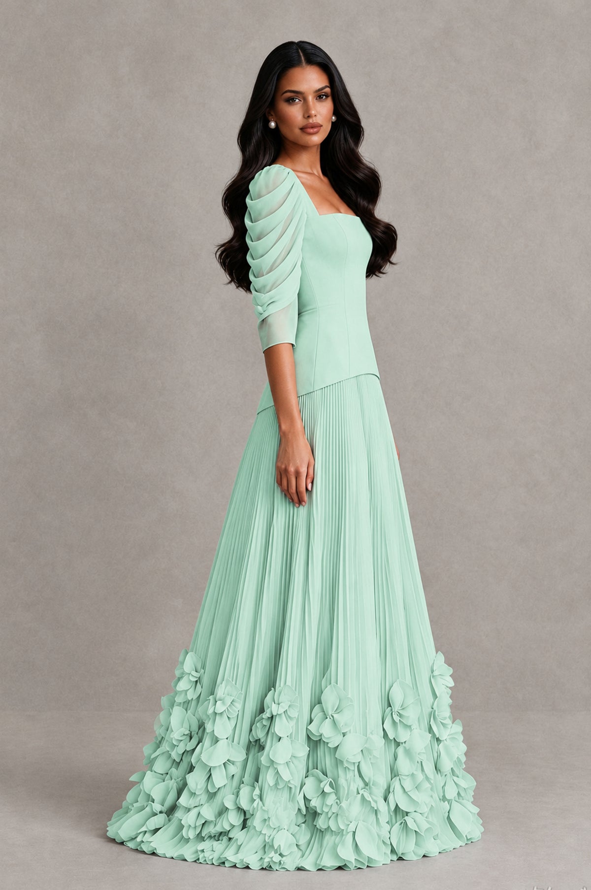 BOLODOO Mint Green Square Neck Pleated Floral Applique Evening Dress - Mint Green - Mint Green_4