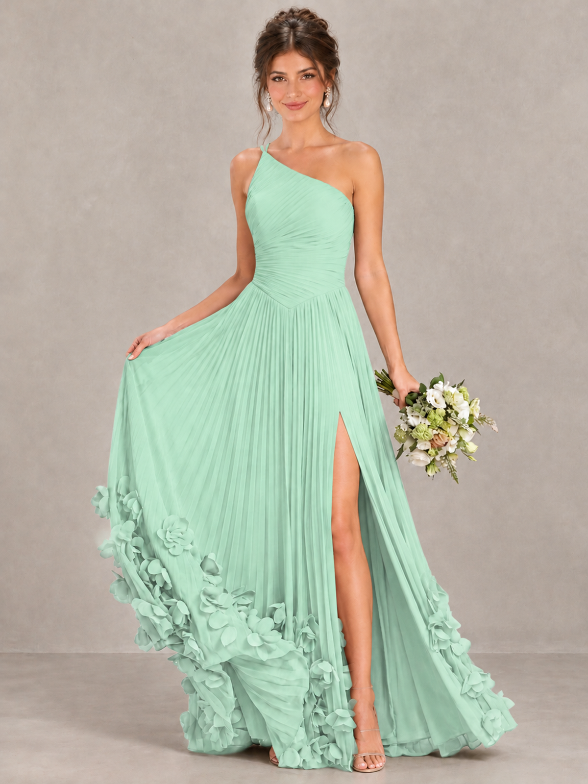 BOLODOO Mint Green One-Shoulder Pleated Bridesmaid Dress with 3D Floral Hem - Mint Green - Mint Green_4