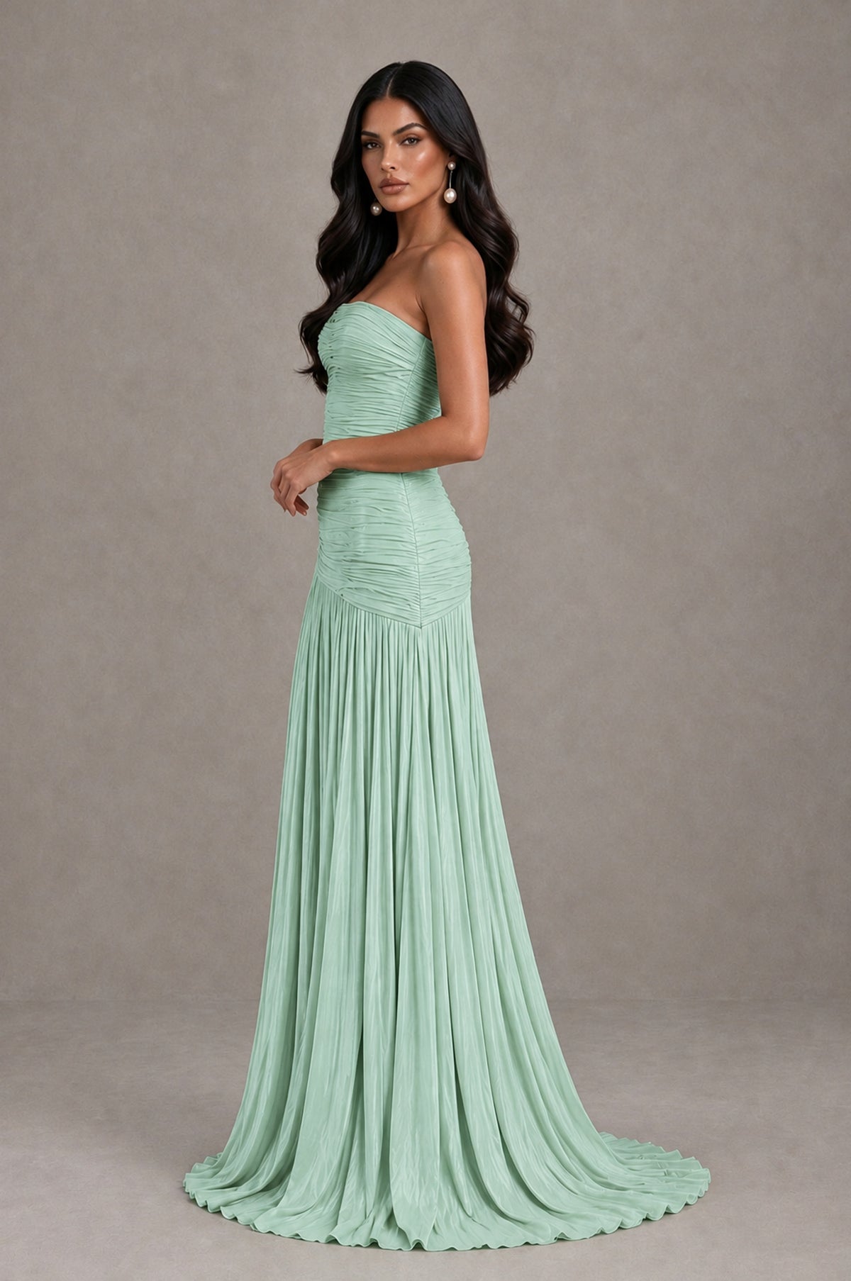 BOLODOO Mint Green Metallic Ruched Strapless Pleated A-Line Backless Maxi Dress with Train - Mint Green - Mint Green_4