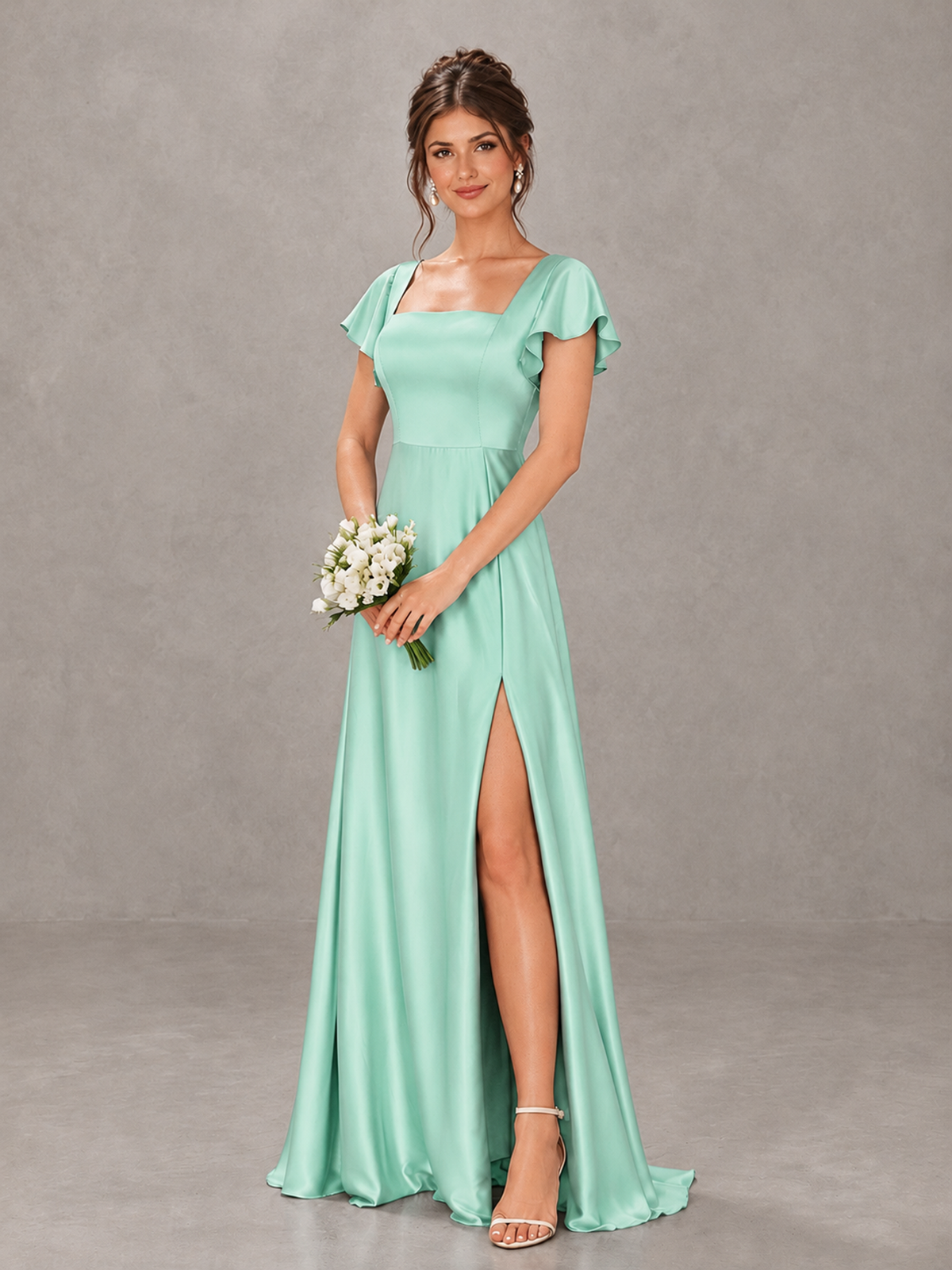 BOLODOO Mint Green Satin Square Neck Flutter Sleeve A-Line Bridesmaid Dress with Slit - Mint Green - Mint Green_4