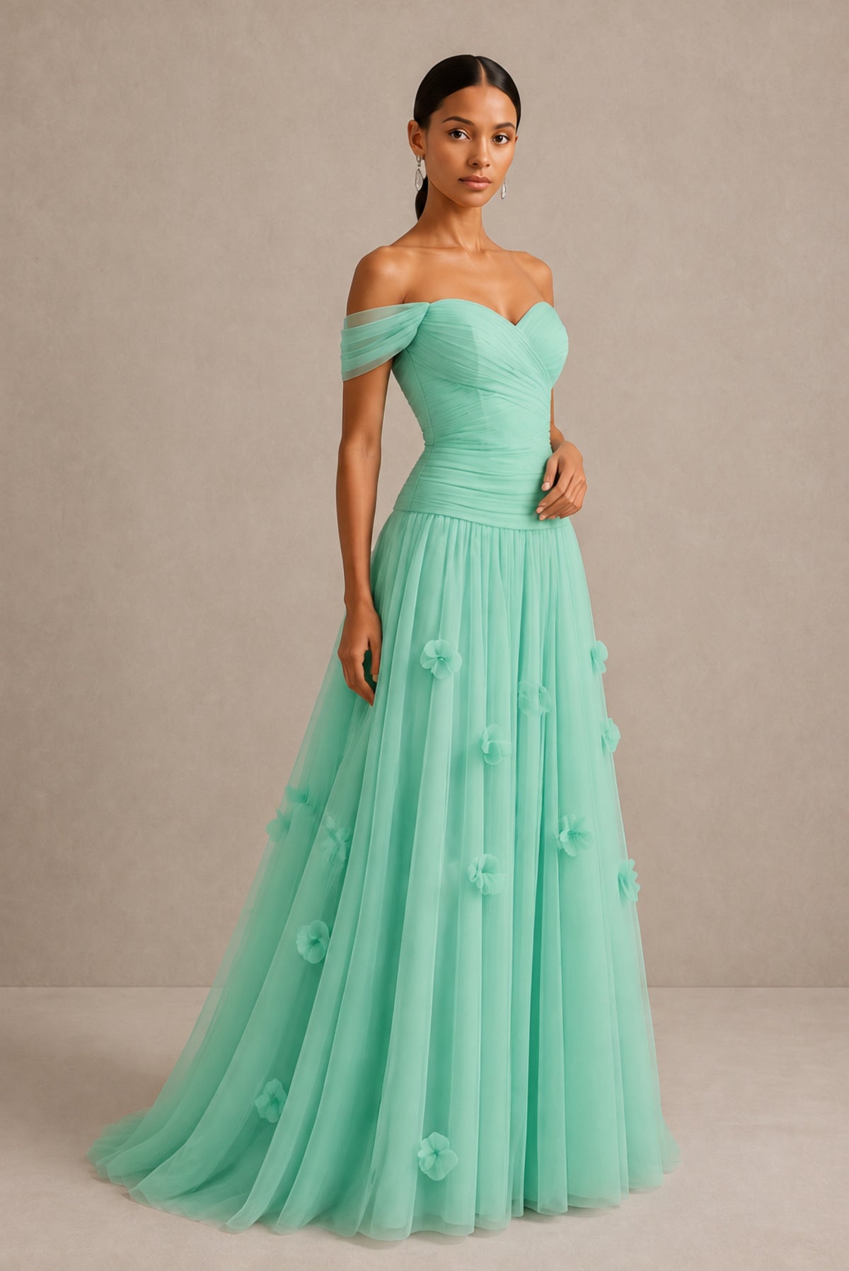 Mint Green Off-Shoulder Sweetheart A-Line Tulle Gown with 3D Floral Appliques | BOLODOO - Mint Green