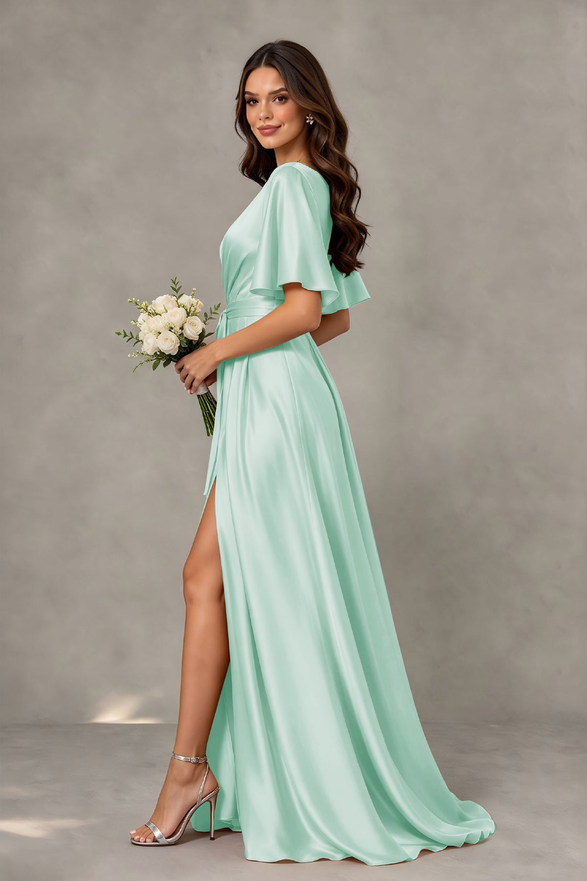 BOLODOO Mint Green Satin V-Neck Flutter Sleeve Bridesmaid Dress with Slit - Mint Green - Mint Green(4)