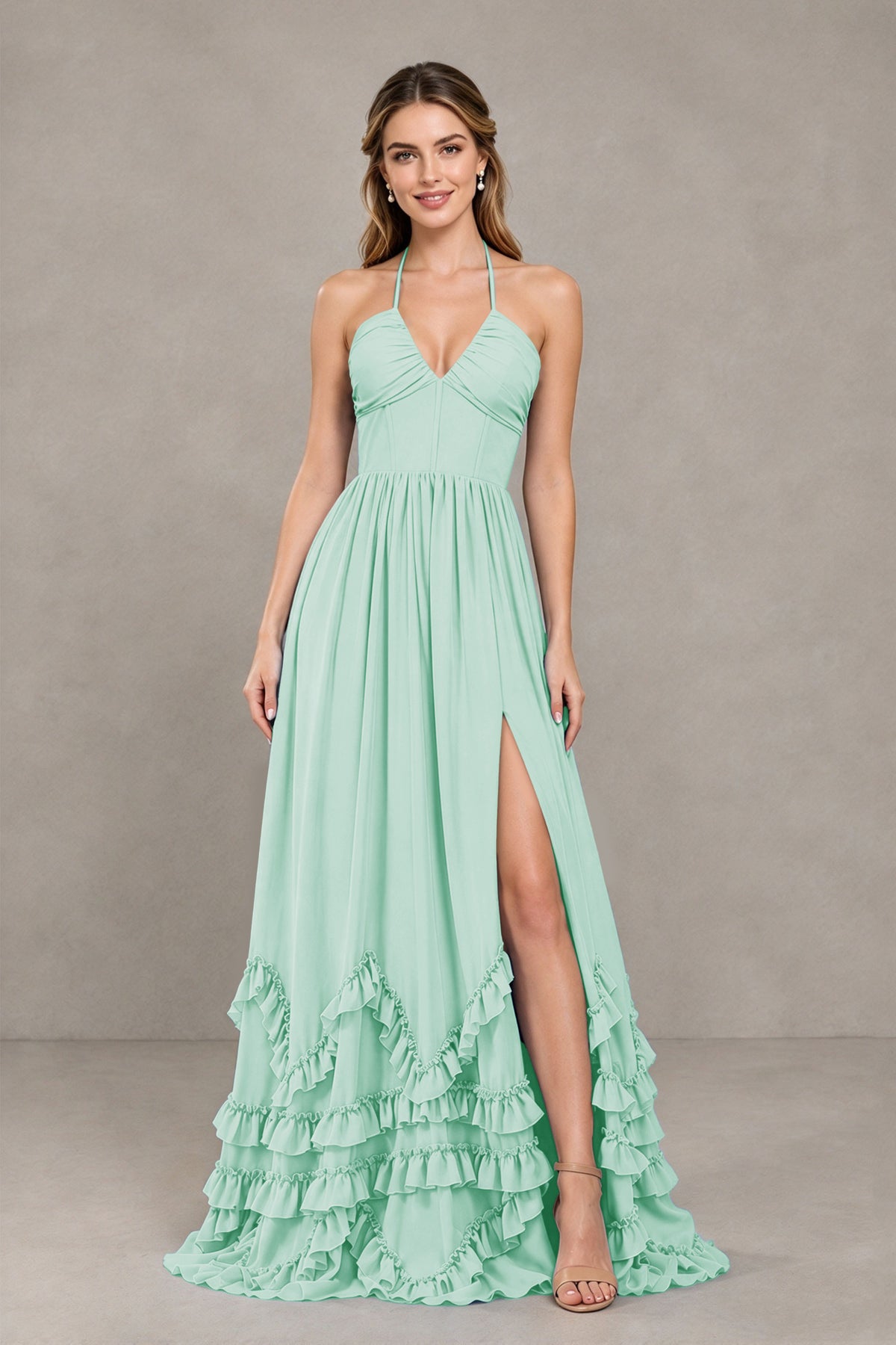 BOLODOO Mint Green Halter Ruffle Hem A-Line Bridesmaid Dress with High Slit - Mint Green - Mint Green(4)