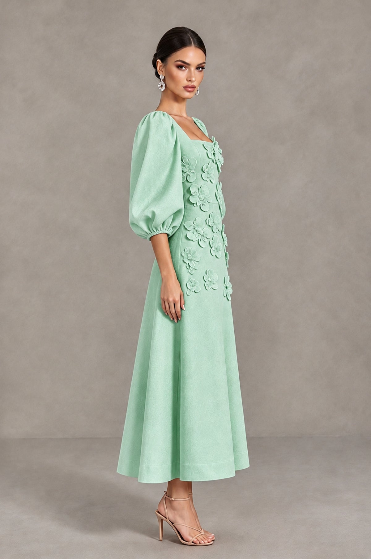 BOLODOO Mint Green 3D Floral Puff Sleeve Midi Cocktail Dress - Mint Green - Mint Green_4
