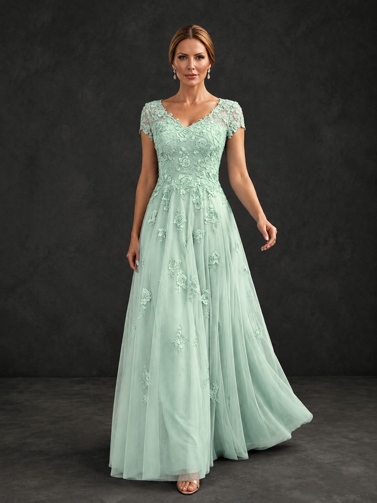 BOLODOO Mint Green Cap Sleeve Lace Appliqué A-Line Formal Gown | Mother of the Bride Dress - Mint Green - Mint Green_4