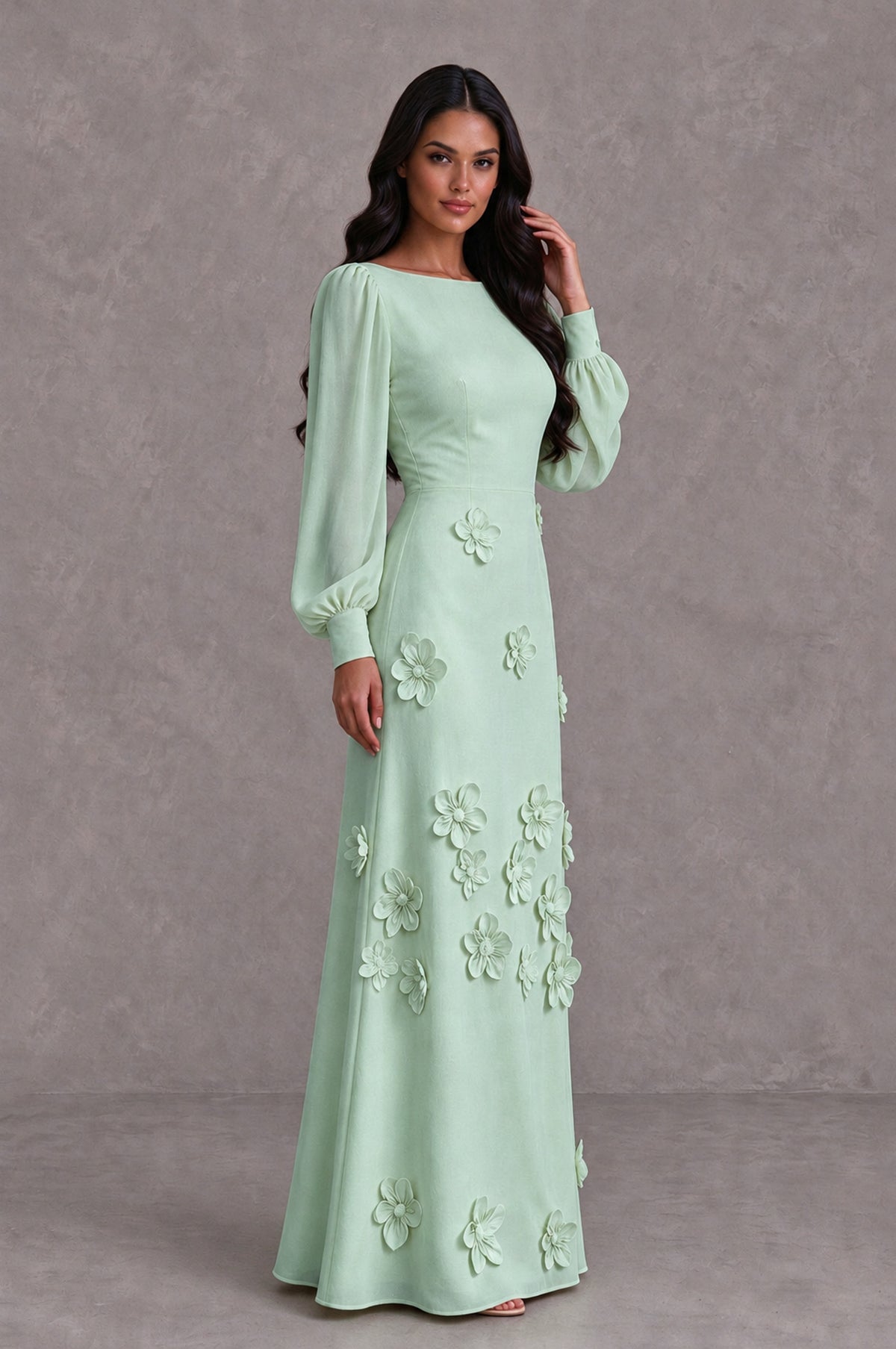 BOLODOO Mint Green Long Sleeve Floral Applique A-Line Evening Dress - Mint Green - Mint Green_4