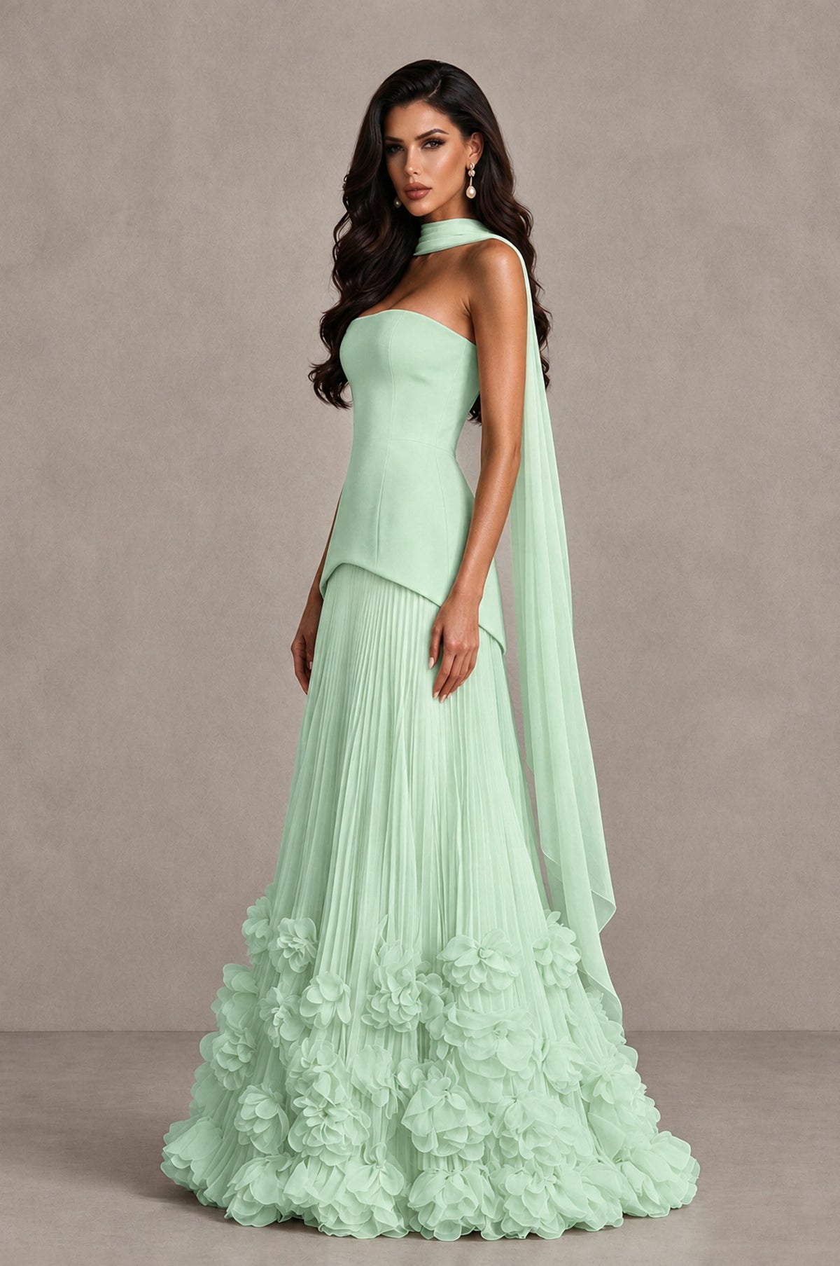 BOLODOO Mint Green Strapless Pleated Floral Hem Evening Gown - Mint Green - Mint Green_4