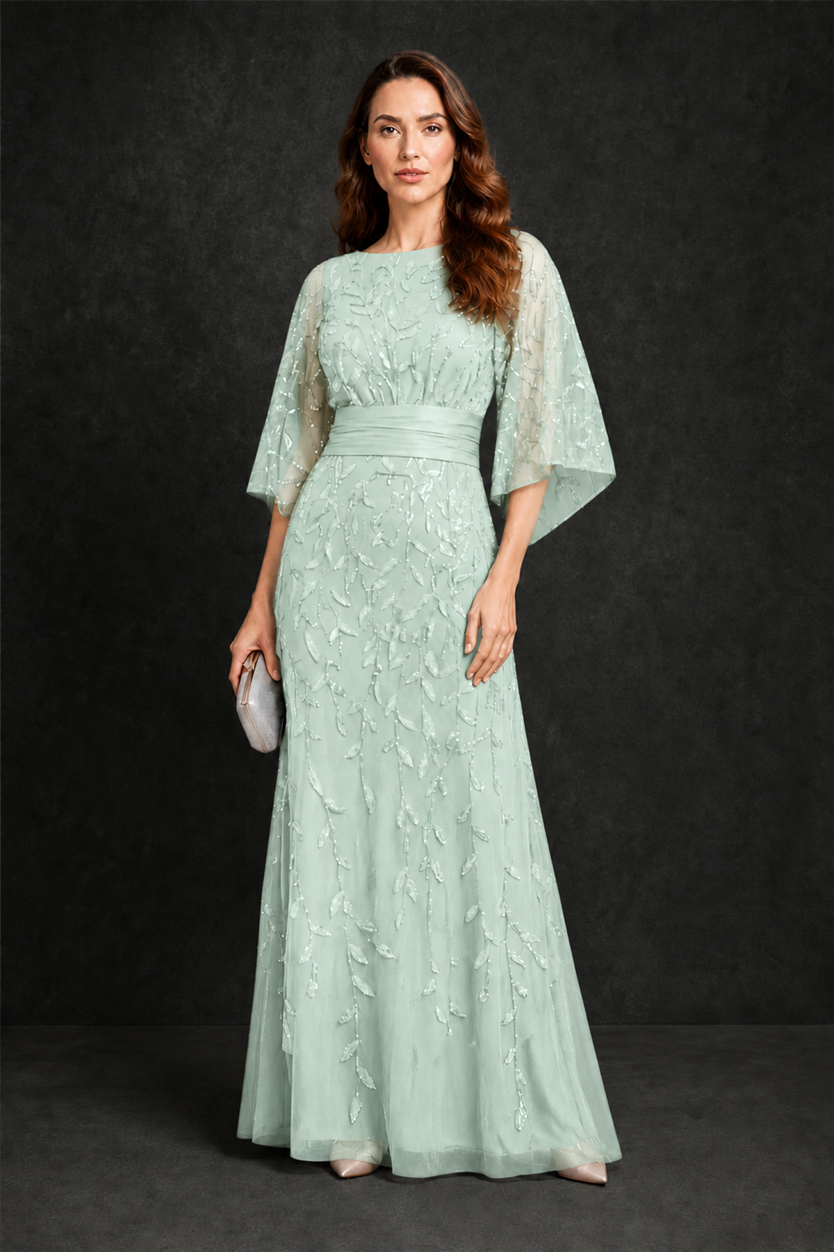 BOLODOO Mint Green Bateau Neck Bell Sleeve Sequin Embroidered Satin Waist A-Line Maxi Dress - Mint Green - Mint_Green_4
