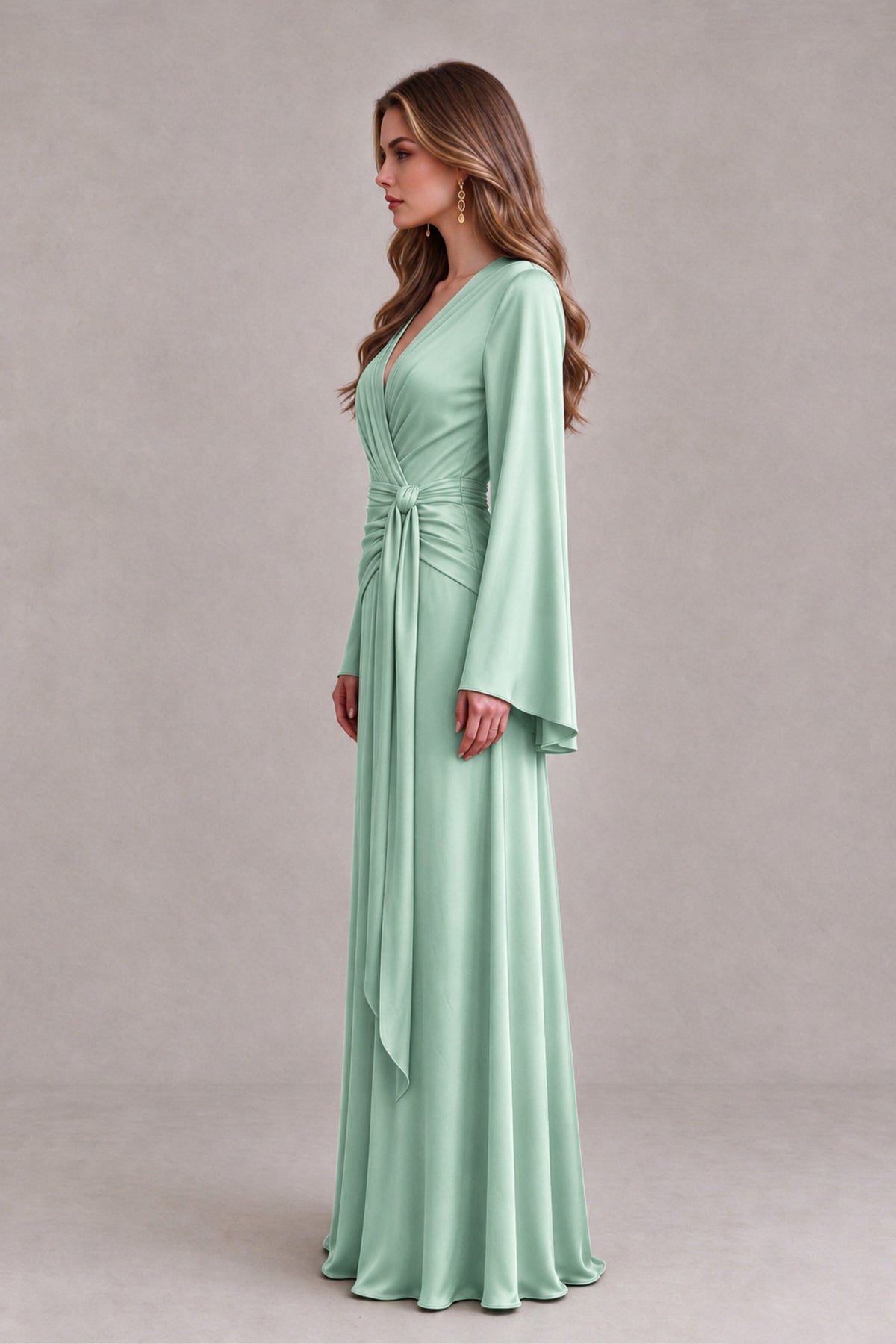 BOLODOO Mint Green Yellow Satin-Look V-Neck Long Bell Sleeve Evening Dress - Mint Green - Mint_Green_4