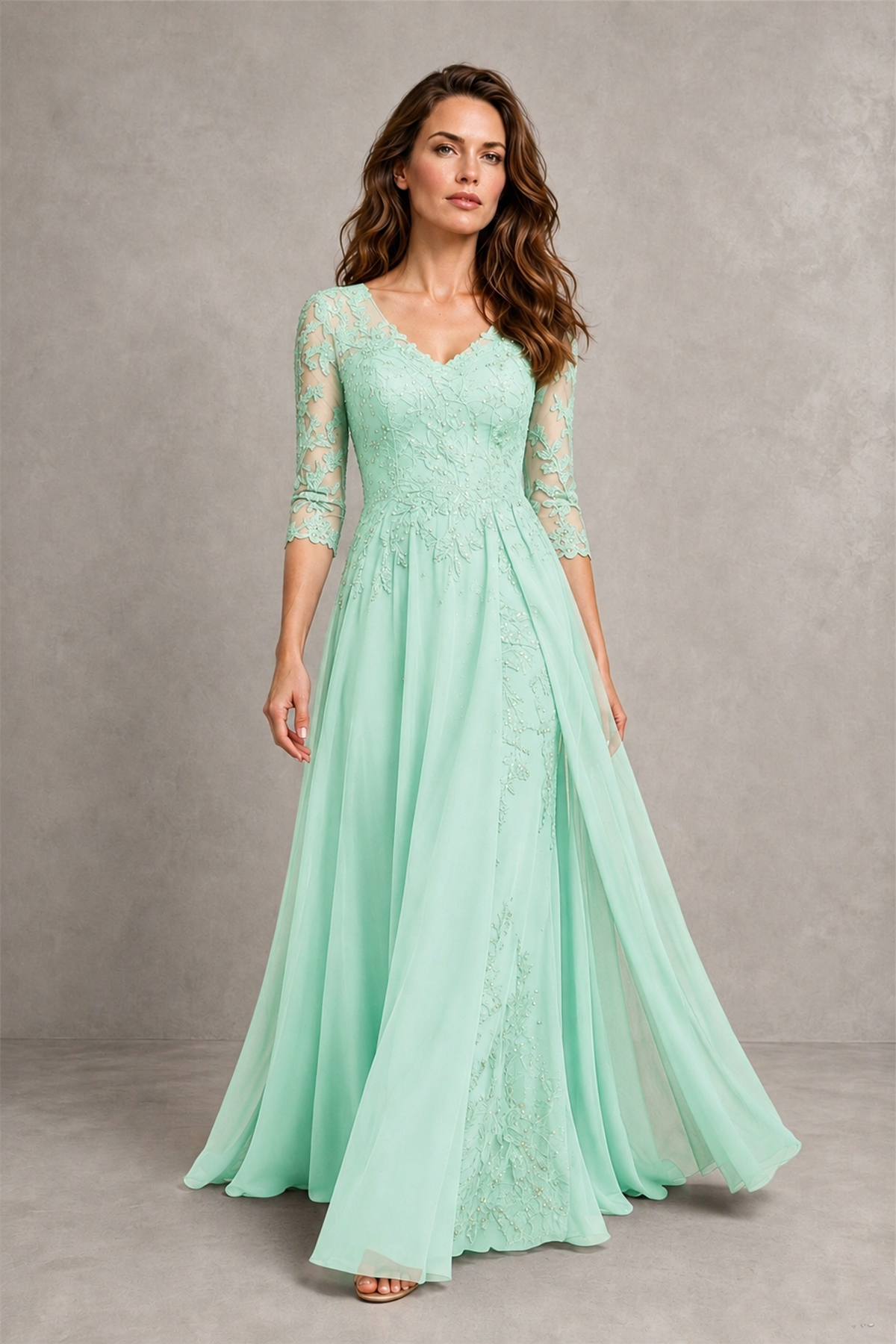 BOLODOO Midnight Mint Green Beaded Lace Appliqué Chiffon A-Line Gown | Mother of the Bride & Formal Evening Dress - Mint Green - Mint Green_4