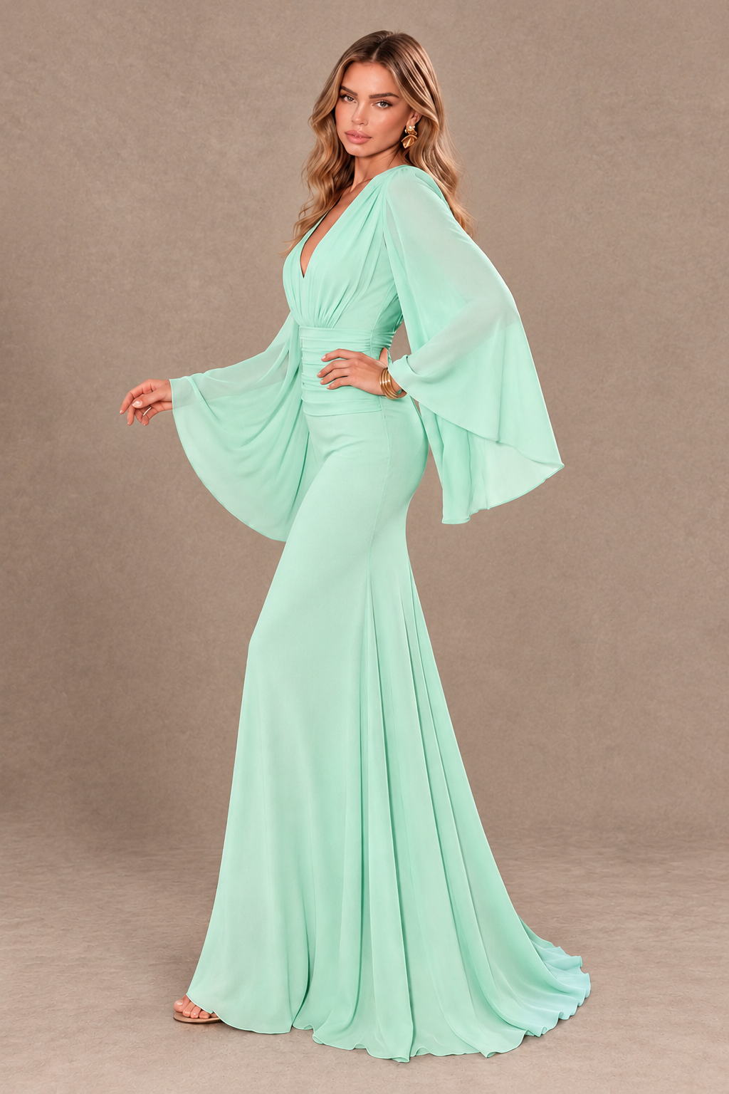 BOLODOO Mint Green Cape Sleeve V-Neck Ruched Chiffon Evening Dress - Mint Green - Mint_Green_4
