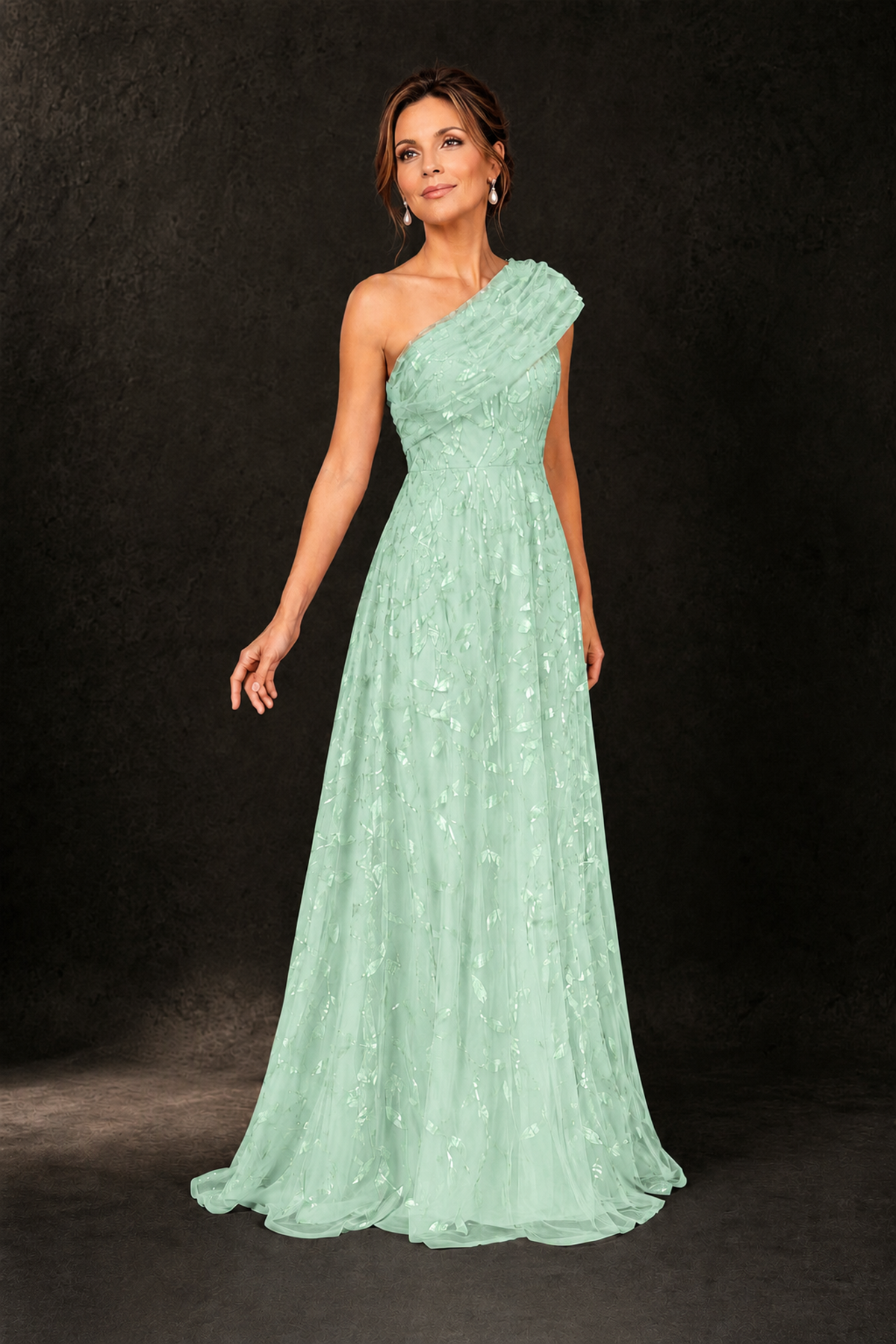 BOLODOO Mint Green Leaf Sequin One-Shoulder A-Line Maxi Gown – Mother of the Bride & Formal Evening Dress - Mint Green - Mint Green_4