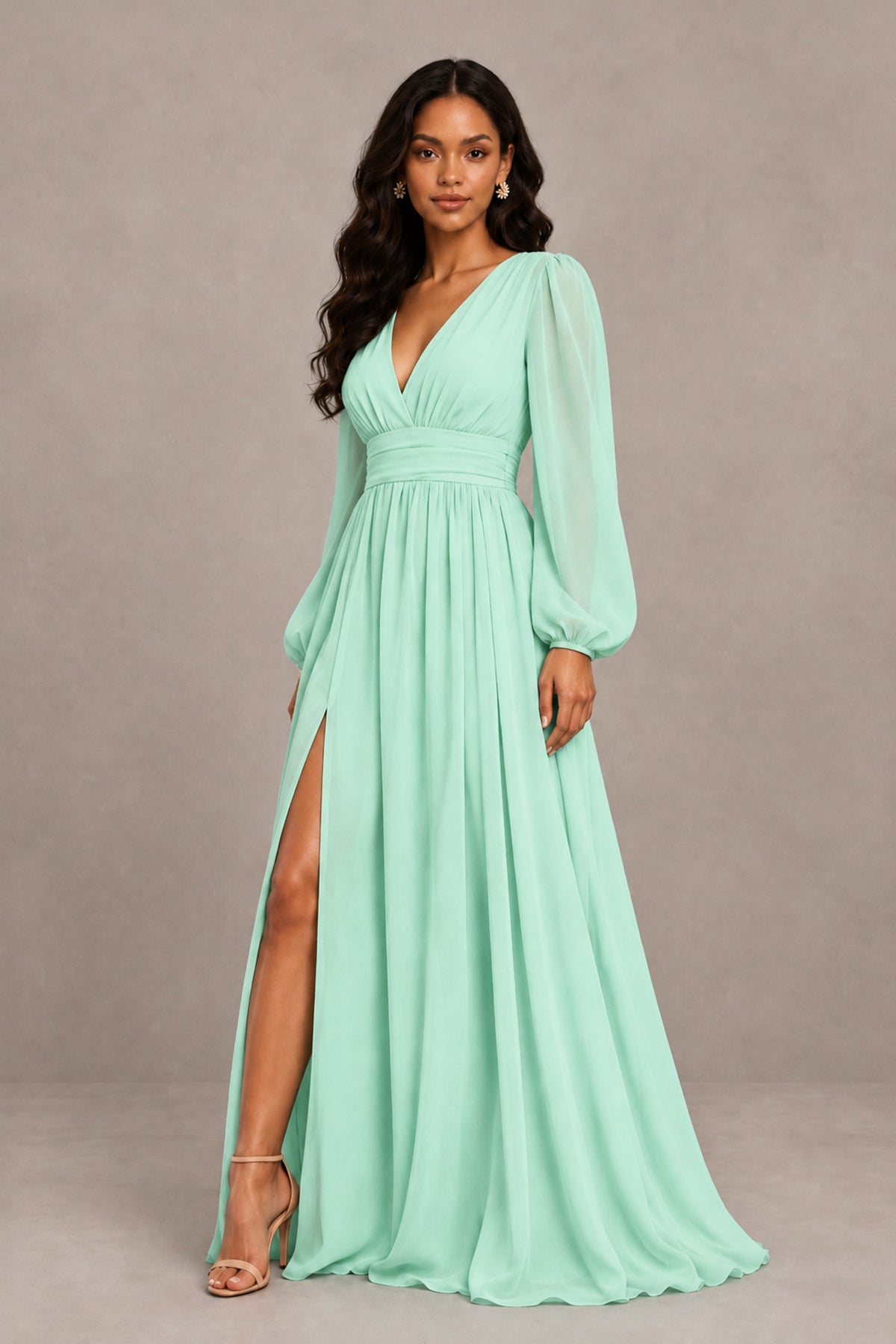 BOLODOO Mint Green Long Sleeve V-Neck A-Line Gown with Open Back & Slit - Mint Green - Mint Green_4