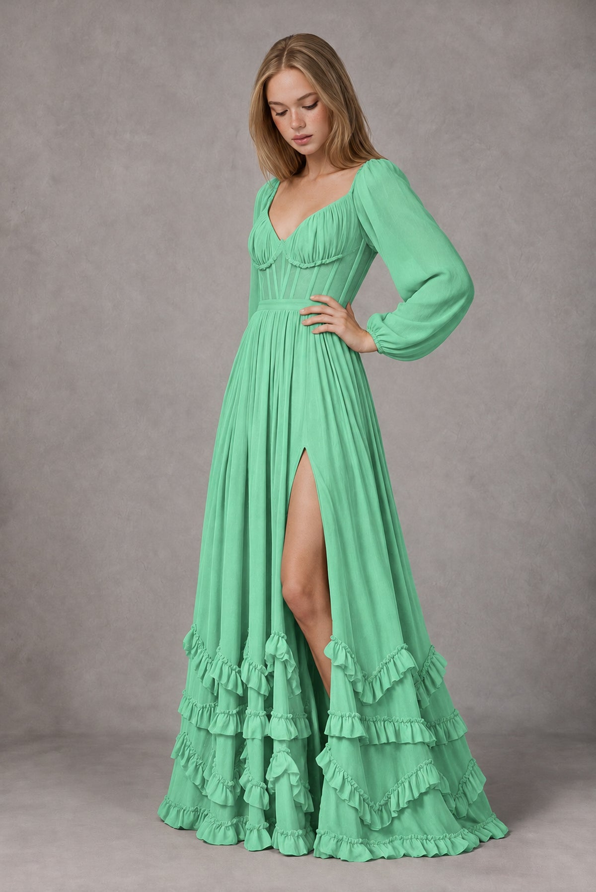 Mint Green Long-Sleeve Ruffle Maxi Dress with Lace-Up Back and Slit - Mint Green