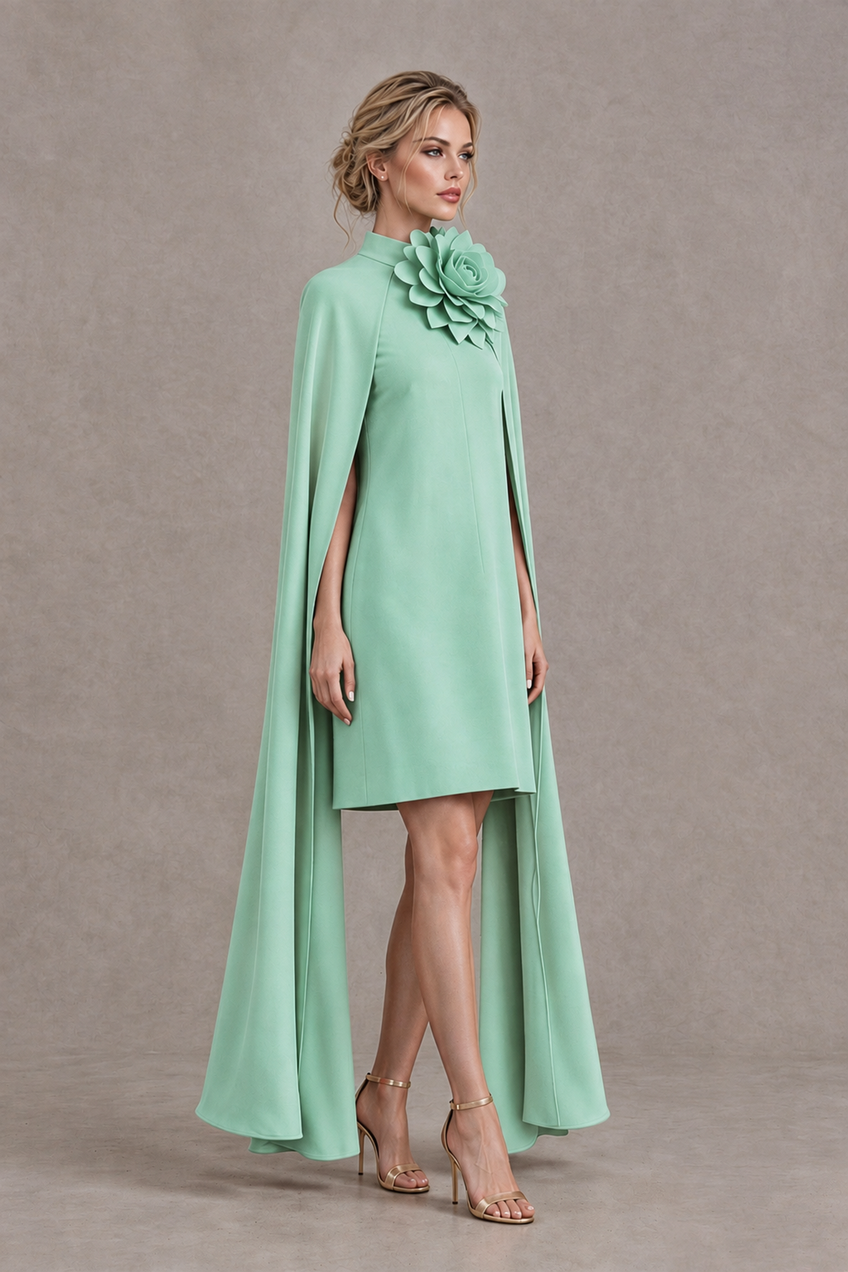 BOLODOO Mint Green High Neck Floral Cape Mini Cocktail Dress - Mint Green - Mint Green_4