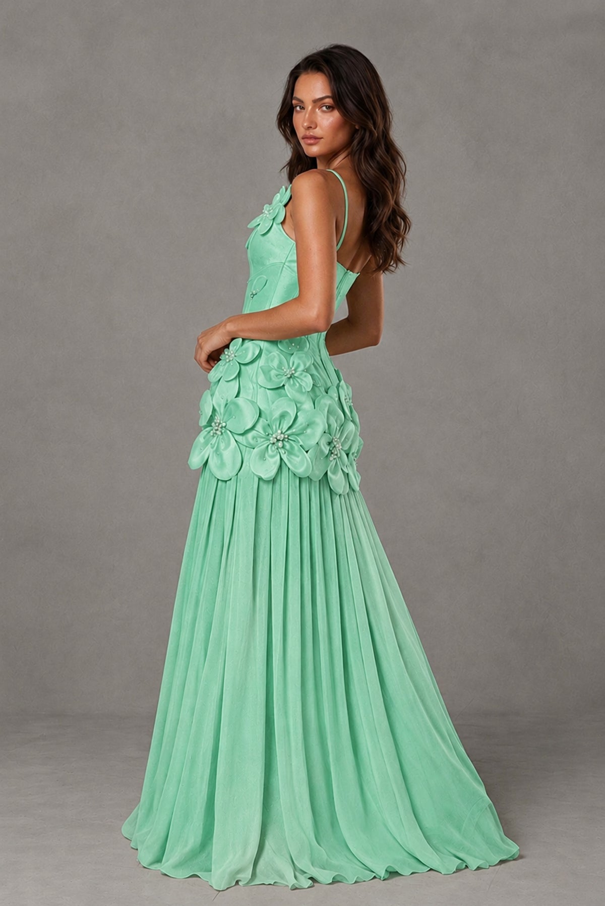 BOLODOO Mint Green 3D Floral Appliqué Floor-Length A-Line Evening Gown - Mint Green
