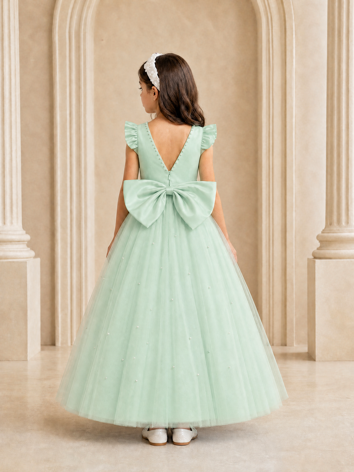 BOLODOO Mint Green Tulle Flower Girl Dress with Ruffle Sleeves & Bow Back - Mint Green - Mint_Green_4