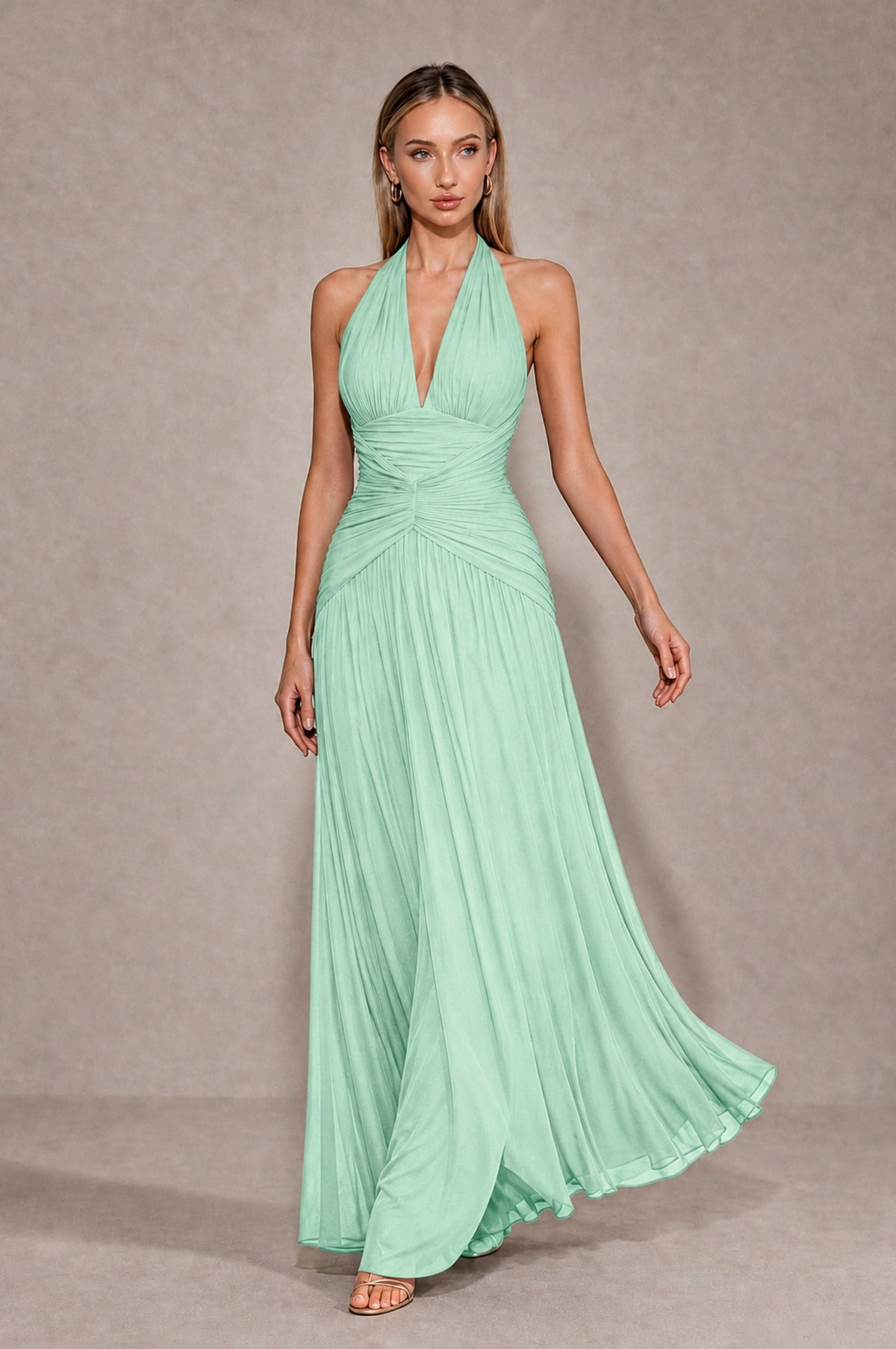 BOLODOO Mint Green Chiffon Halter Deep V-Neck Ruched A-Line Backless Maxi Dress with Train-BD0167 - Mint Green - Mint Green_4