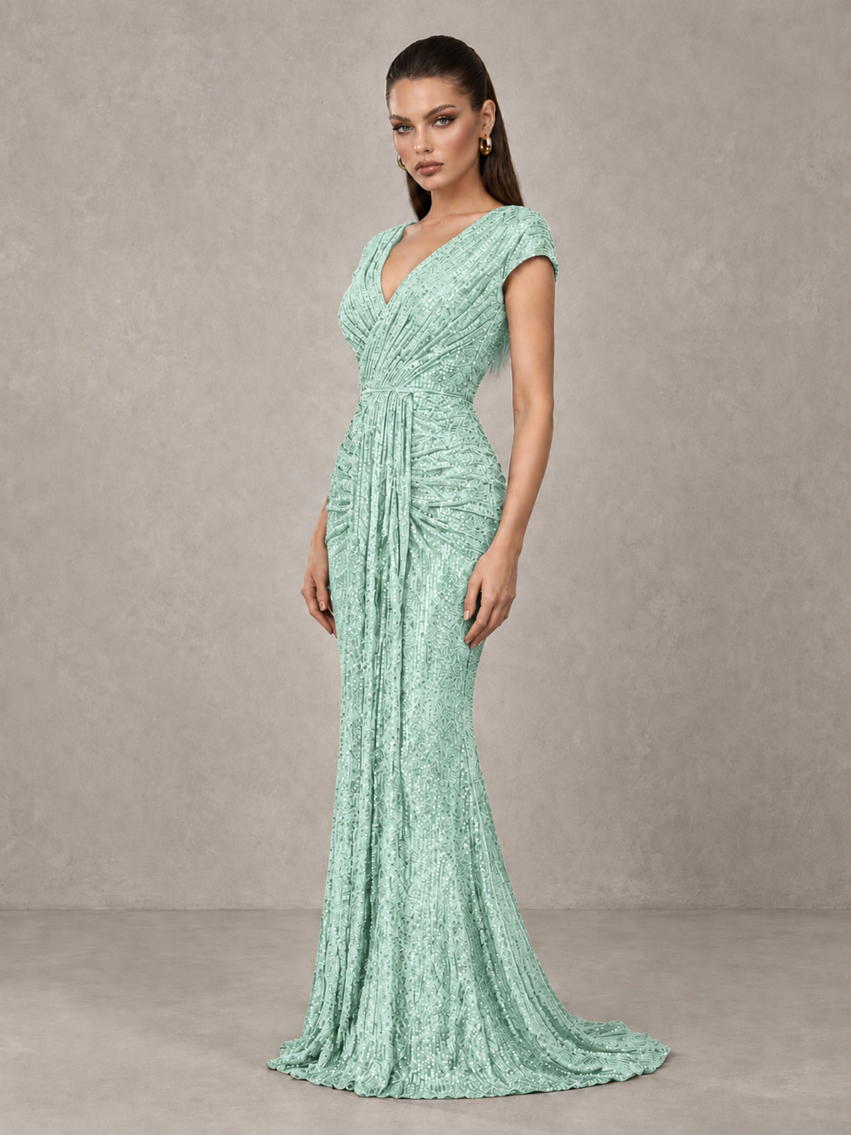 BOLODOO Mint Green Glitter V-Neck Cap Sleeve Ruched Mermaid Evening Gown - Mint Green - Mint Green_4