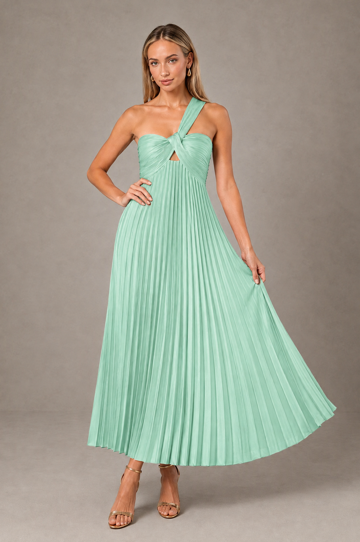BOLODOO Mint Green One-Shoulder Twist Knot Pleated Satin Midi Dress with Cutout - Mint Green - Mint_Green_4
