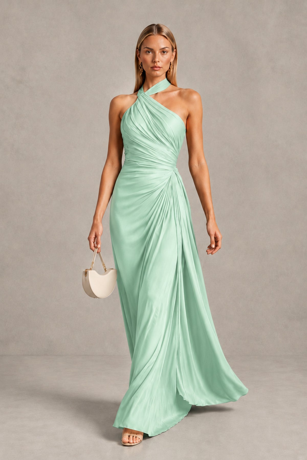 BOLODOO Mint Green Twisted Halter Neck Ruched Sleeveless Open Back Floor-Length Gown - Mint Green - Mint_Green_4