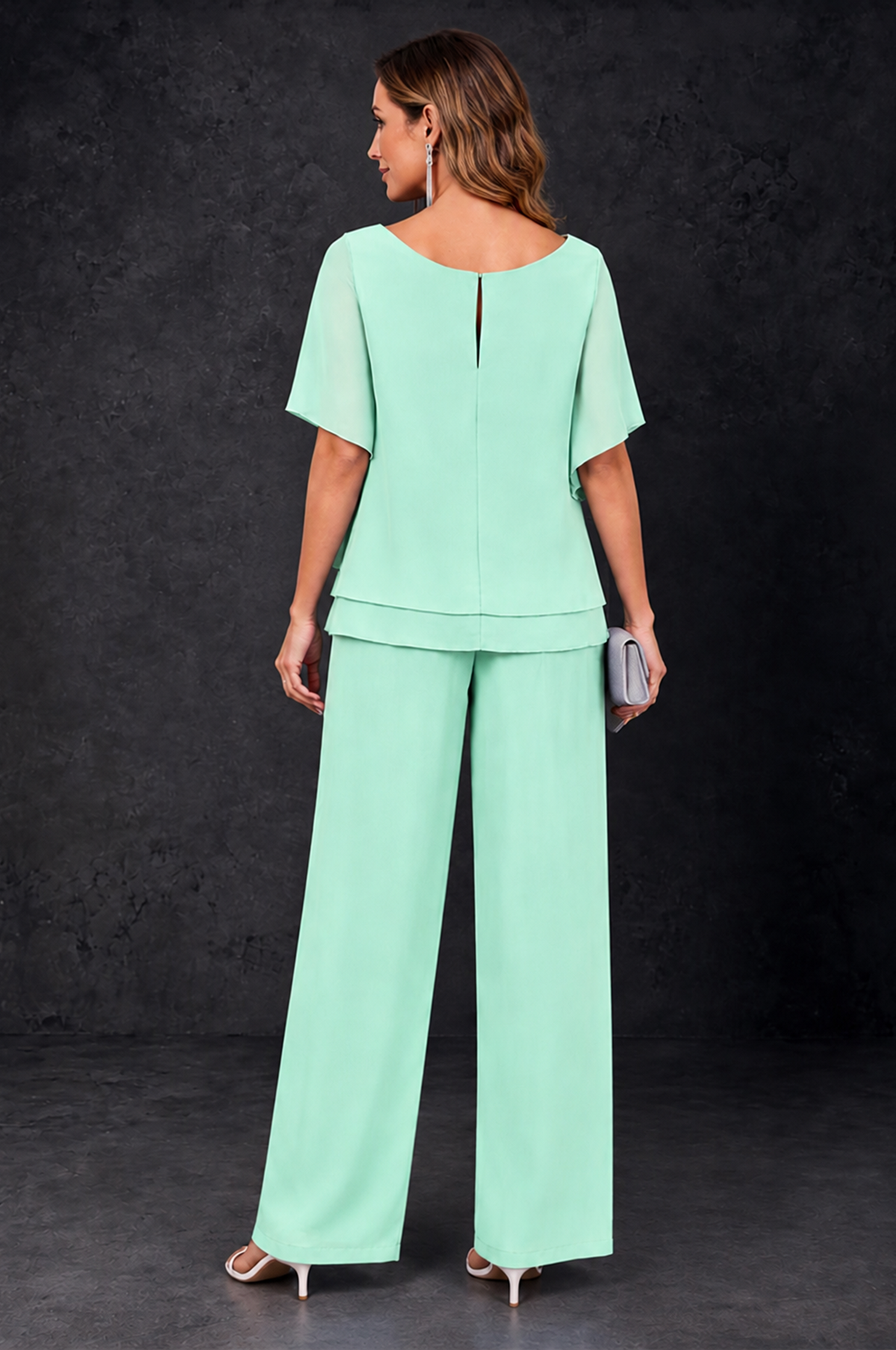 BOLODOO Mint Green Layered Chiffon-Look Mother of the Bride Pantsuit - Mint Green - Mint_Green_4