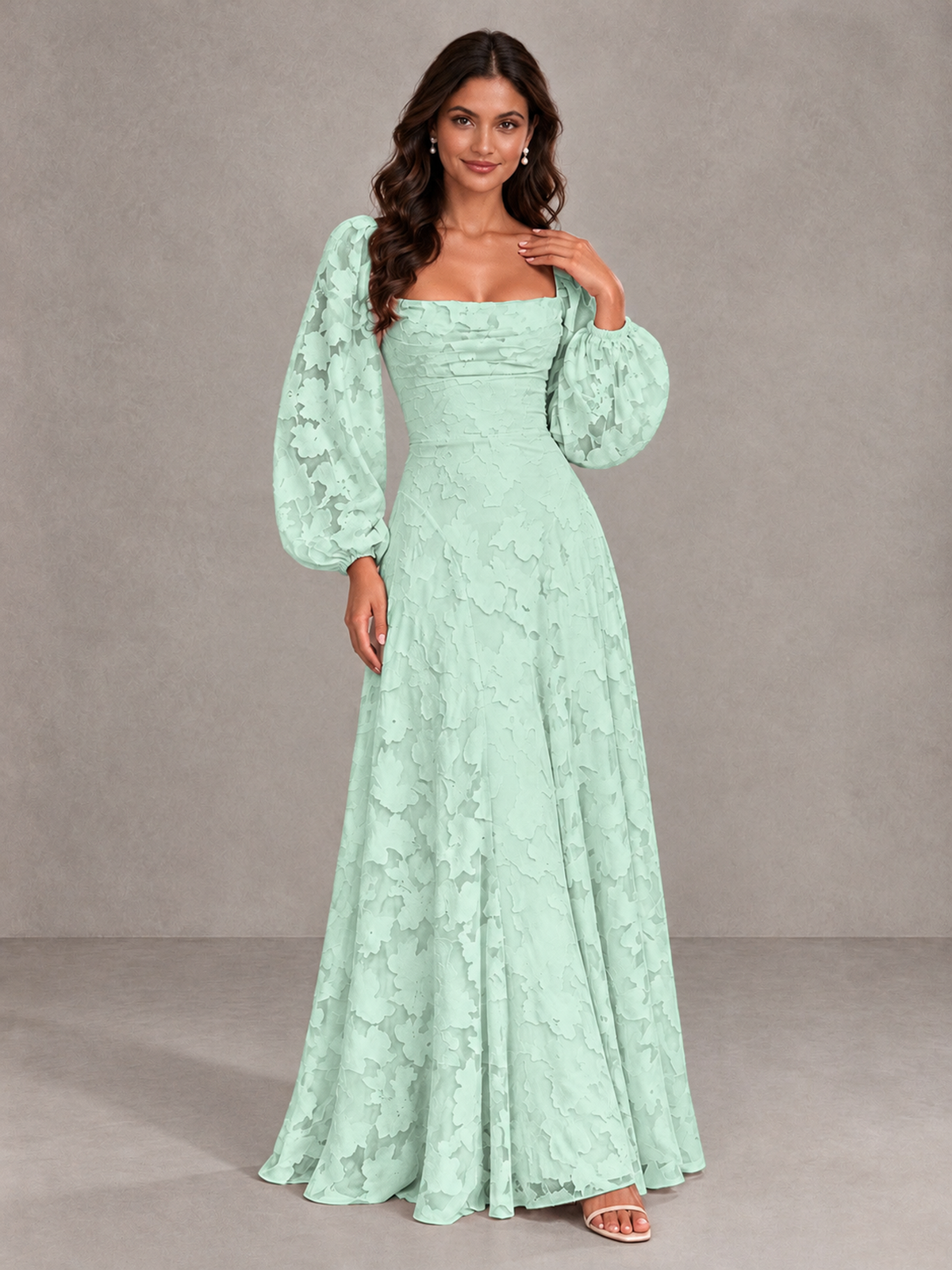 BOLODOO Mint Green Floral Long Sleeve A-Line Bridesmaid Dress - Mint Green - Mint Green_4