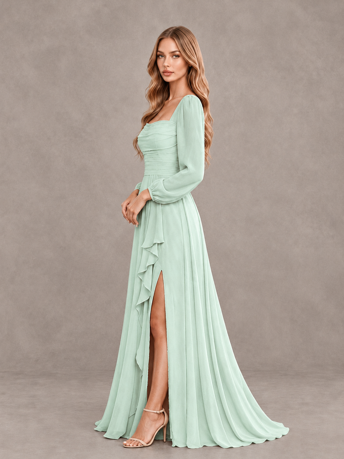 BOLODOO Mint Green Square Neck Long Sleeve Bridesmaid Dress with Ruffle Slit - Mint Green - Mint Green_4