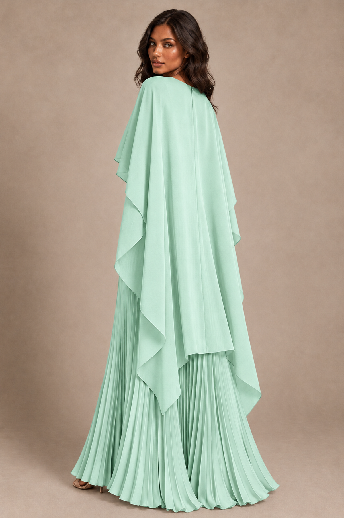 BOLODOO Mint Green Pleated Cape A-Line Evening Dress - Mint Green - Mint_Green_4
