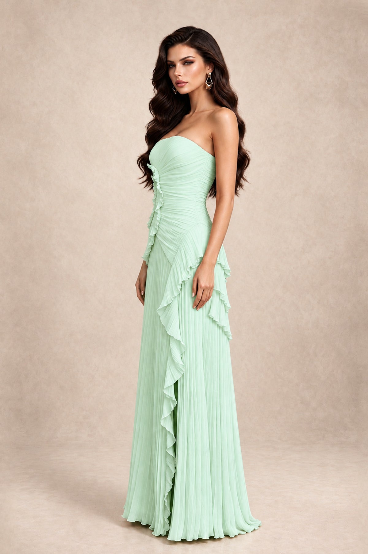 BOLODOO Mint Green Strapless Ruffle Pleated Slit Evening Gown - Mint Green - Mint Green_4