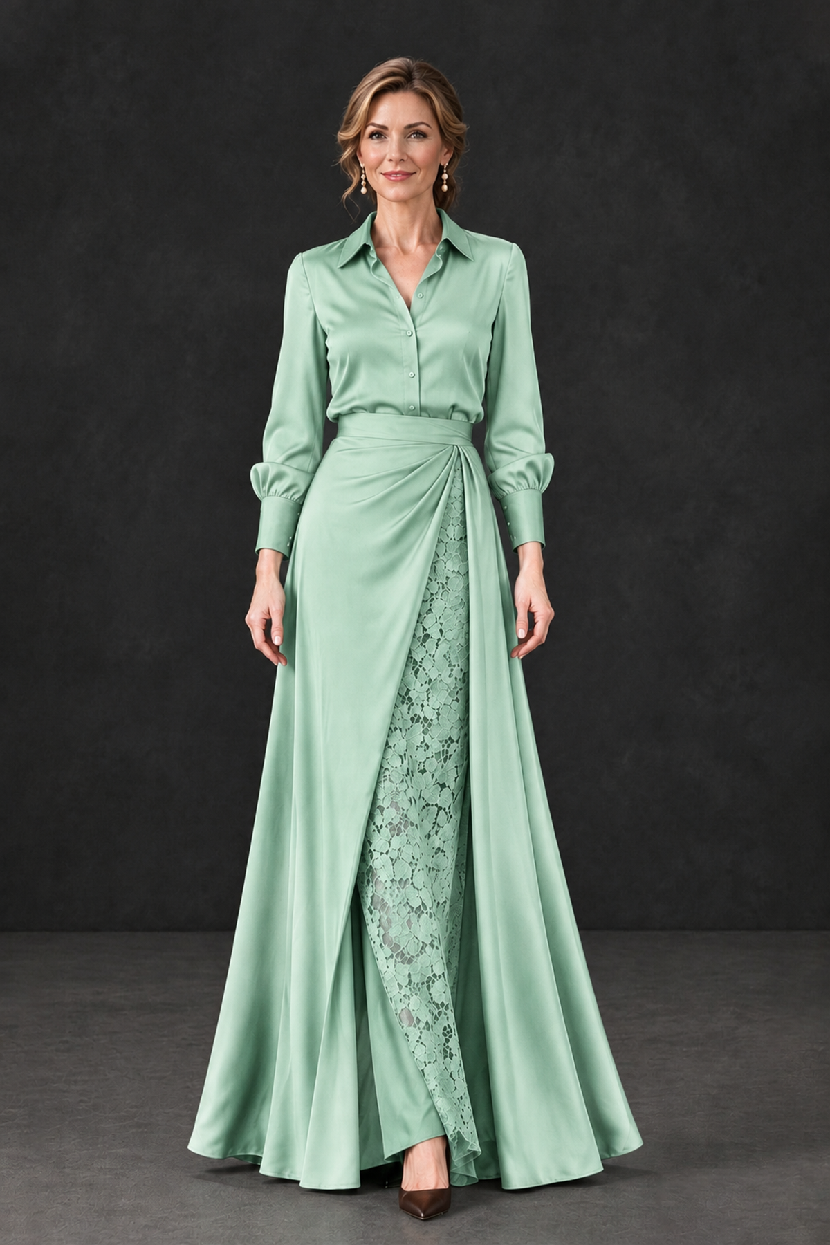 BOLODOO Mint Green Long Sleeve Satin-Look Lace Panel Gown - Mint Green - Mint Green_4