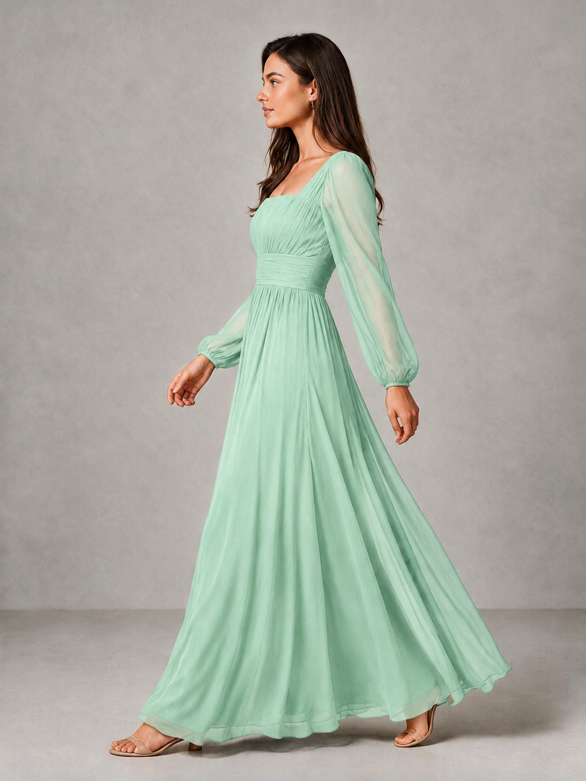 BOLODOO Mint Green Square Neck Long Sleeve Chiffon Bridesmaid Dress - Mint Green - Mint Green_4