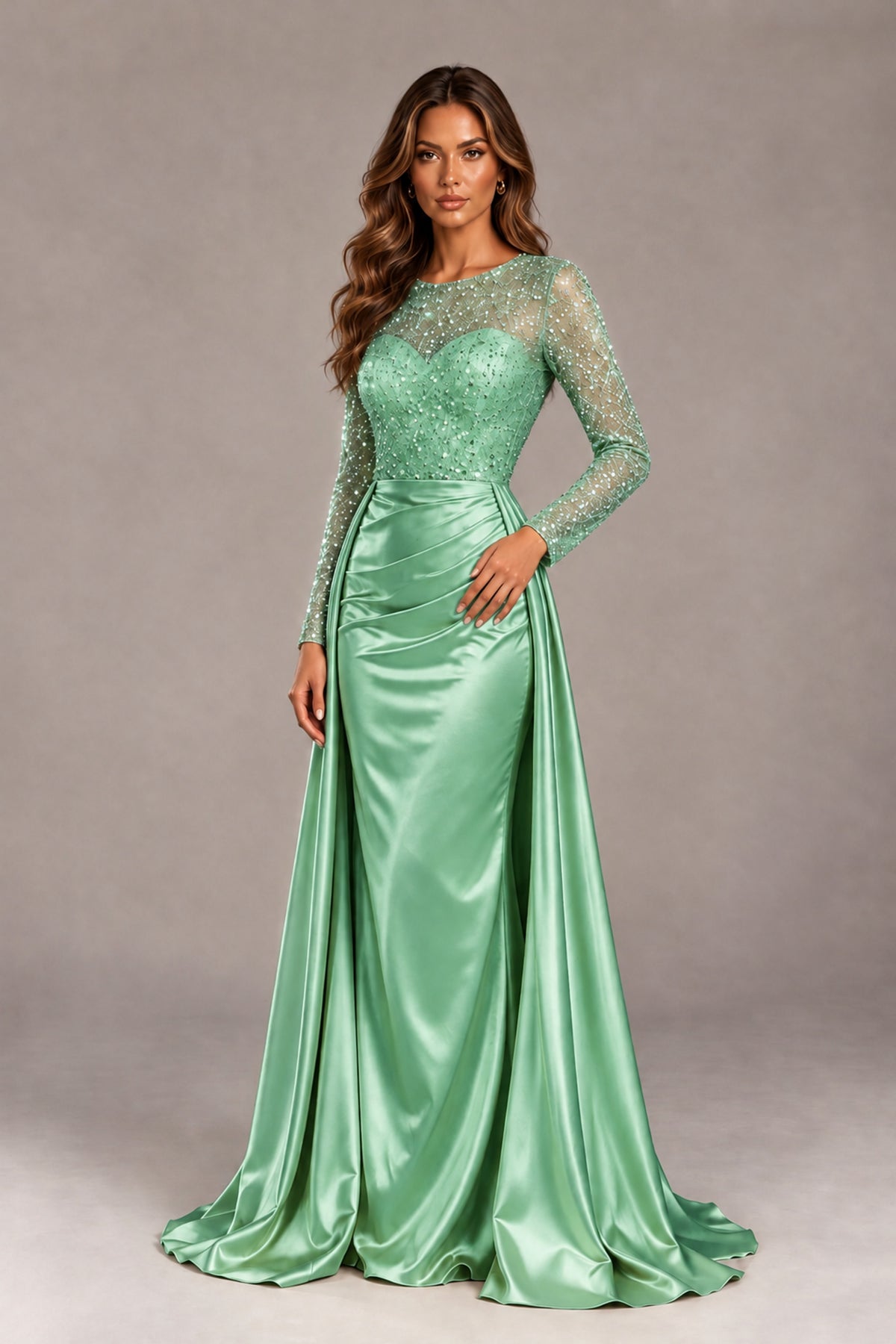 BOLODOO Mint Green Long Sleeve Embellished Satin Evening Gown with Sweep Train - Mint Green - Mint Green_4