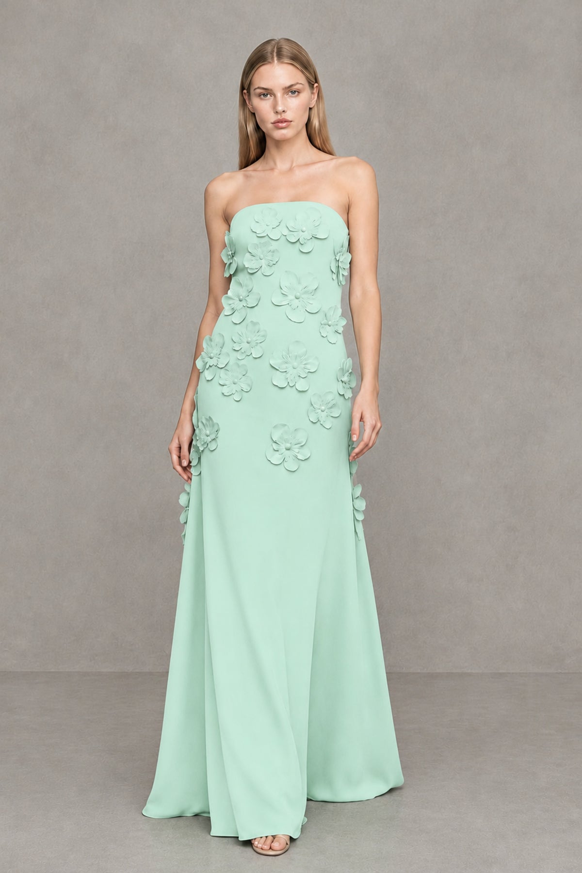 BOLODOO Mint Green Strapless 3D Floral Appliqué Crepe Maxi Gown - Mint Green - Mint_Green_4