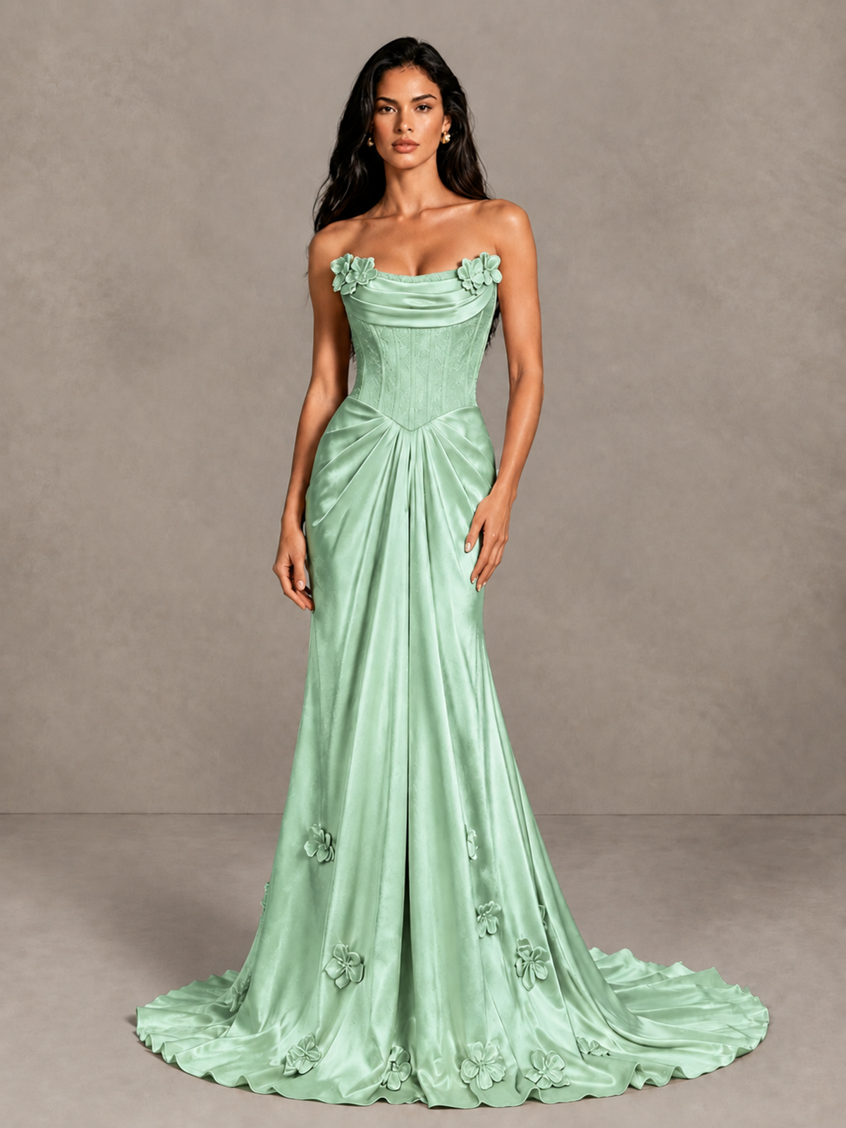 BOLODOO Mint Green Strapless Floral Corset Evening Gown with Train - Mint Green - Mint Green_4
