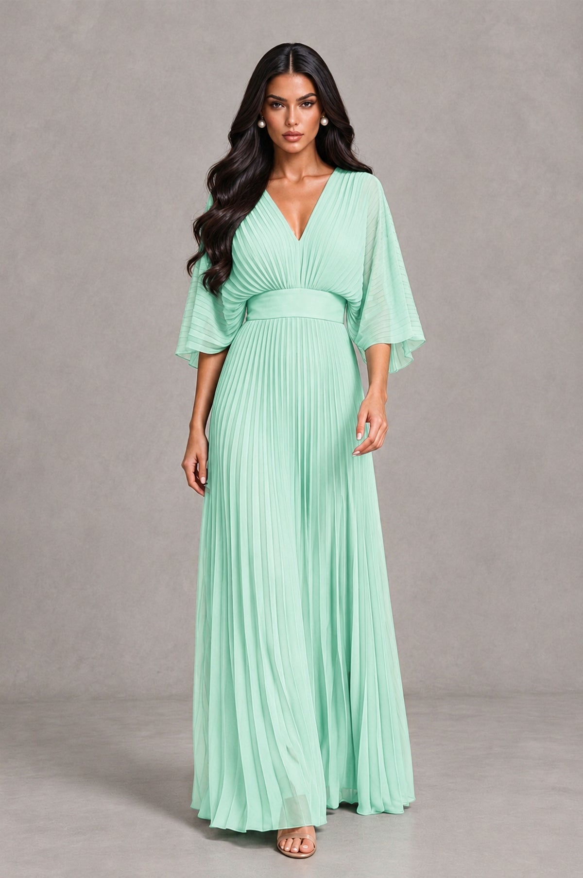 BOLODOO Mint Green V-Neck Pleated Flutter Sleeve Formal Dress - Mint Green - Mint Green_4