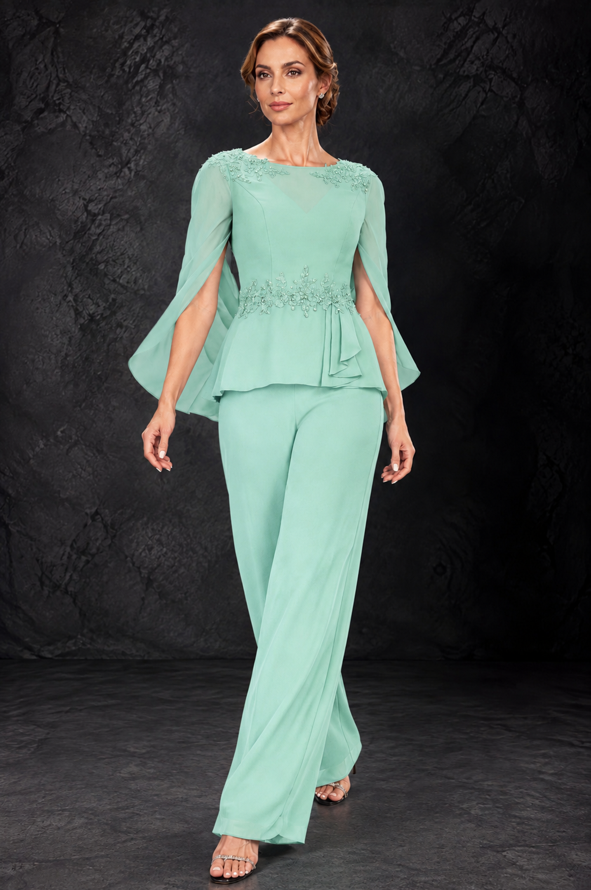 BOLODOO Mint Green Embellished Cape Sleeve Mother of the Bride Pantsuit - Mint Green - Mint_Green_4