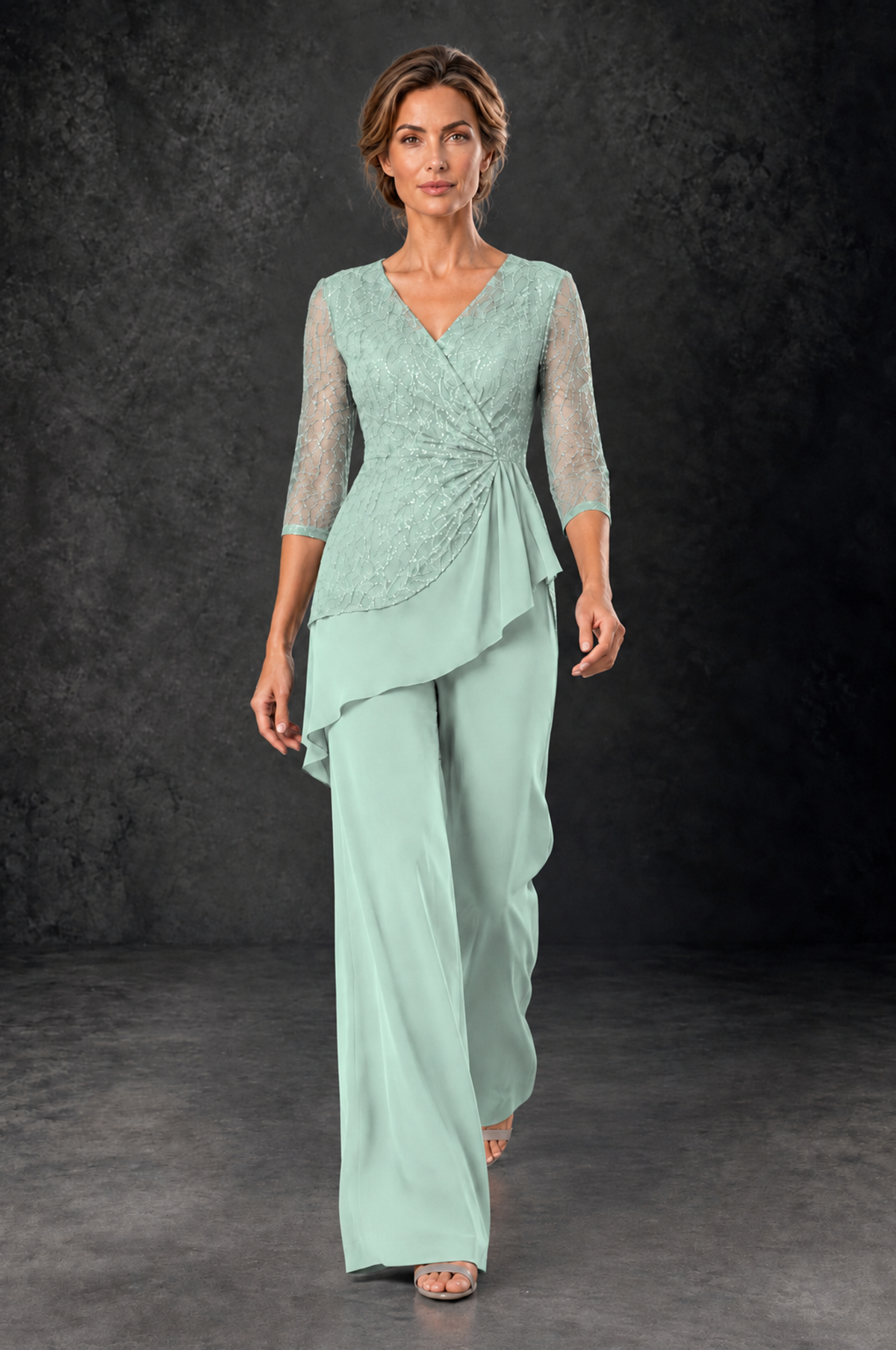 BOLODOO Mint Green Sequin Lace 3/4 Sleeve Chiffon Mother of the Bride Pant Suit - Mint Green - Mint_Green_4
