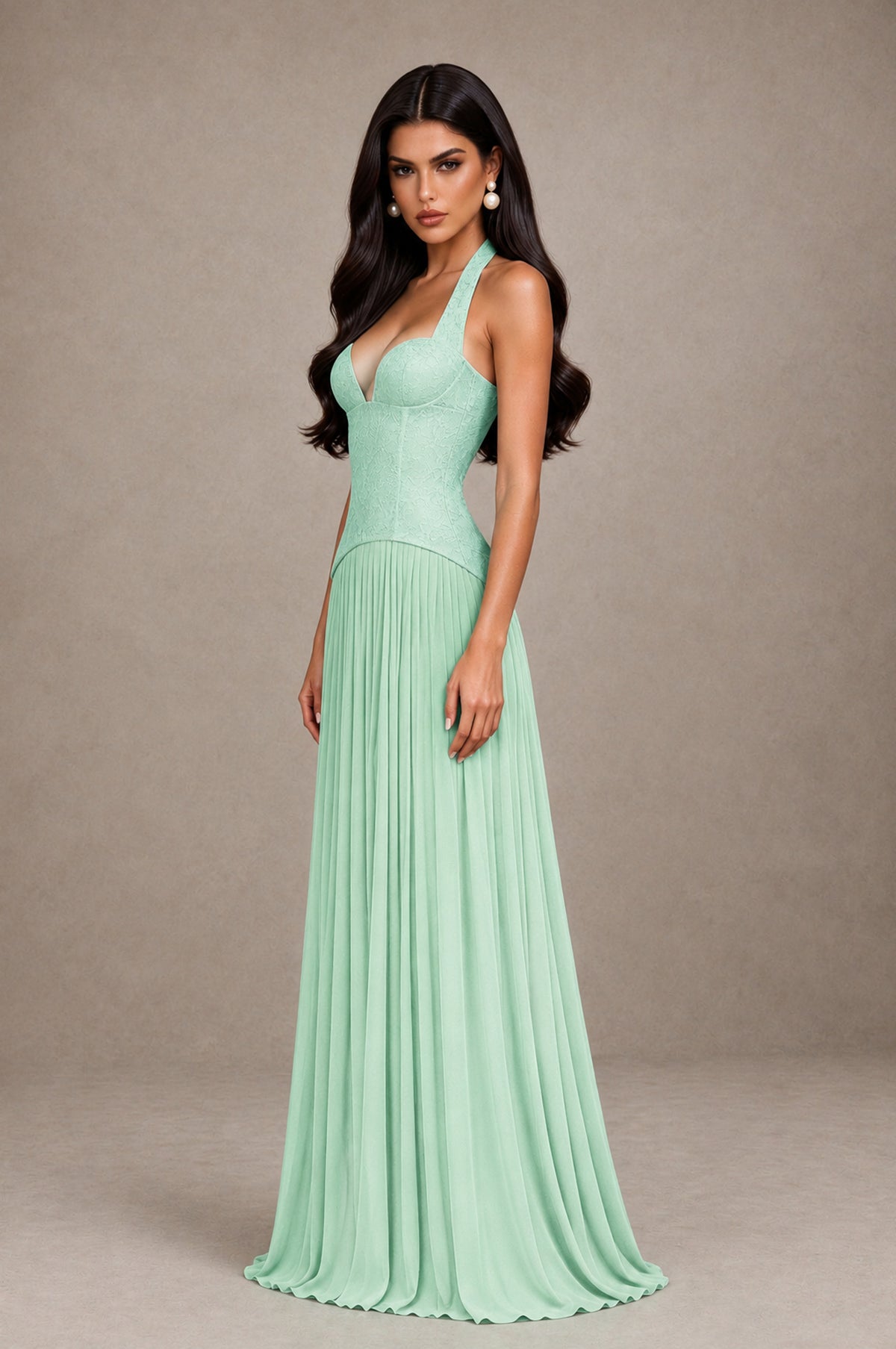 BOLODOO Mint Green Halter Corset Pleated A-Line Evening Dress - Mint Green - Mint Green_4