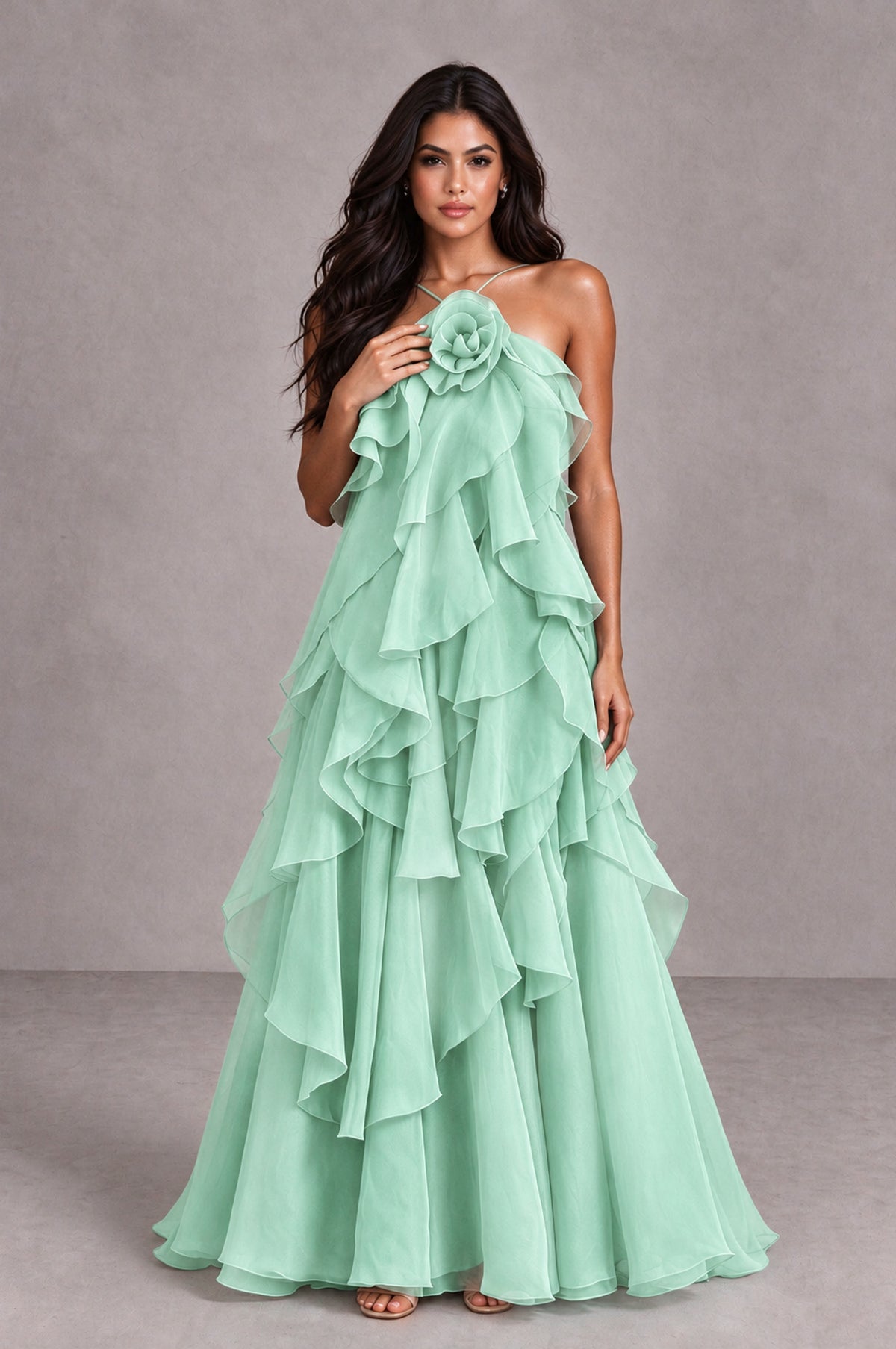 BOLODOO Mint Green Cascading Ruffle Rosette Open-Back Maxi Dress - Mint Green - Mint Green_4