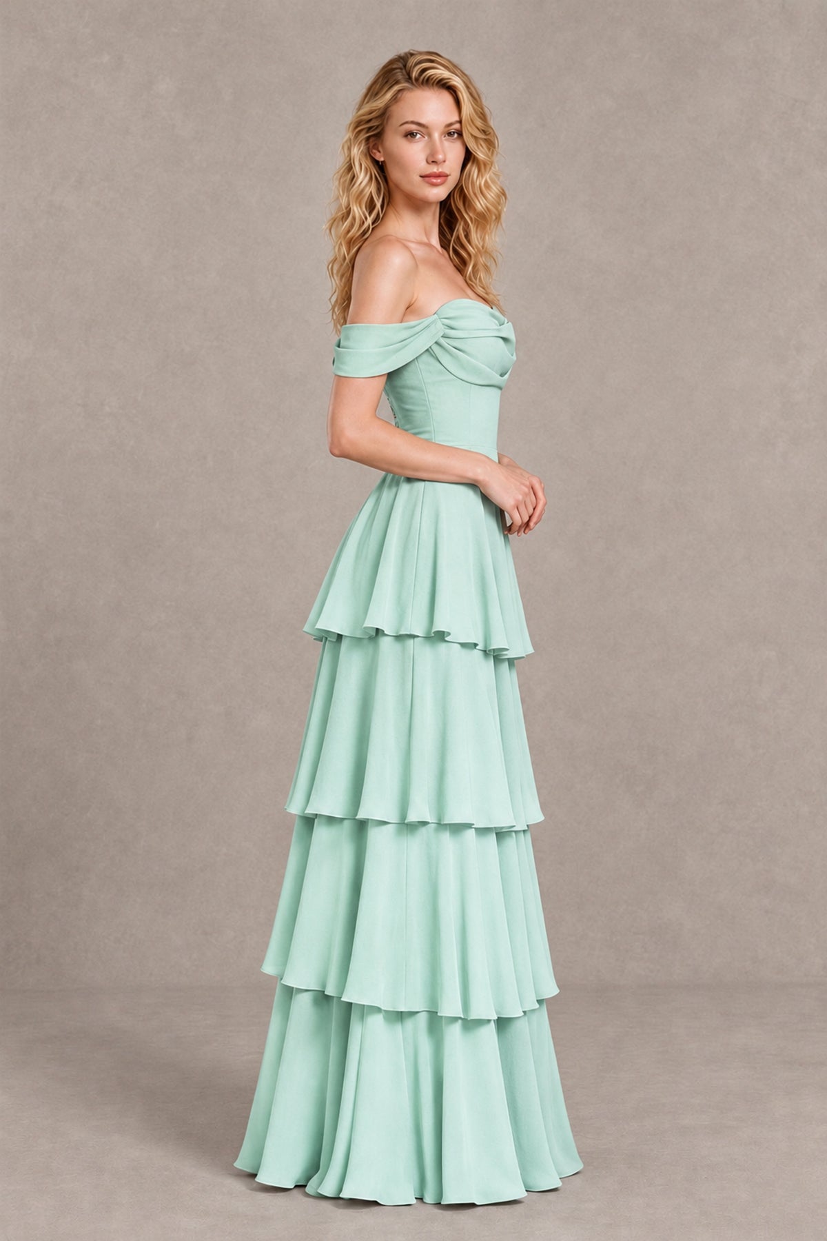 BOLODOO Mint Green Off-the-Shoulder Tiered A-Line Evening Bridesmaid Dress - Mint Green - Mint Green_4
