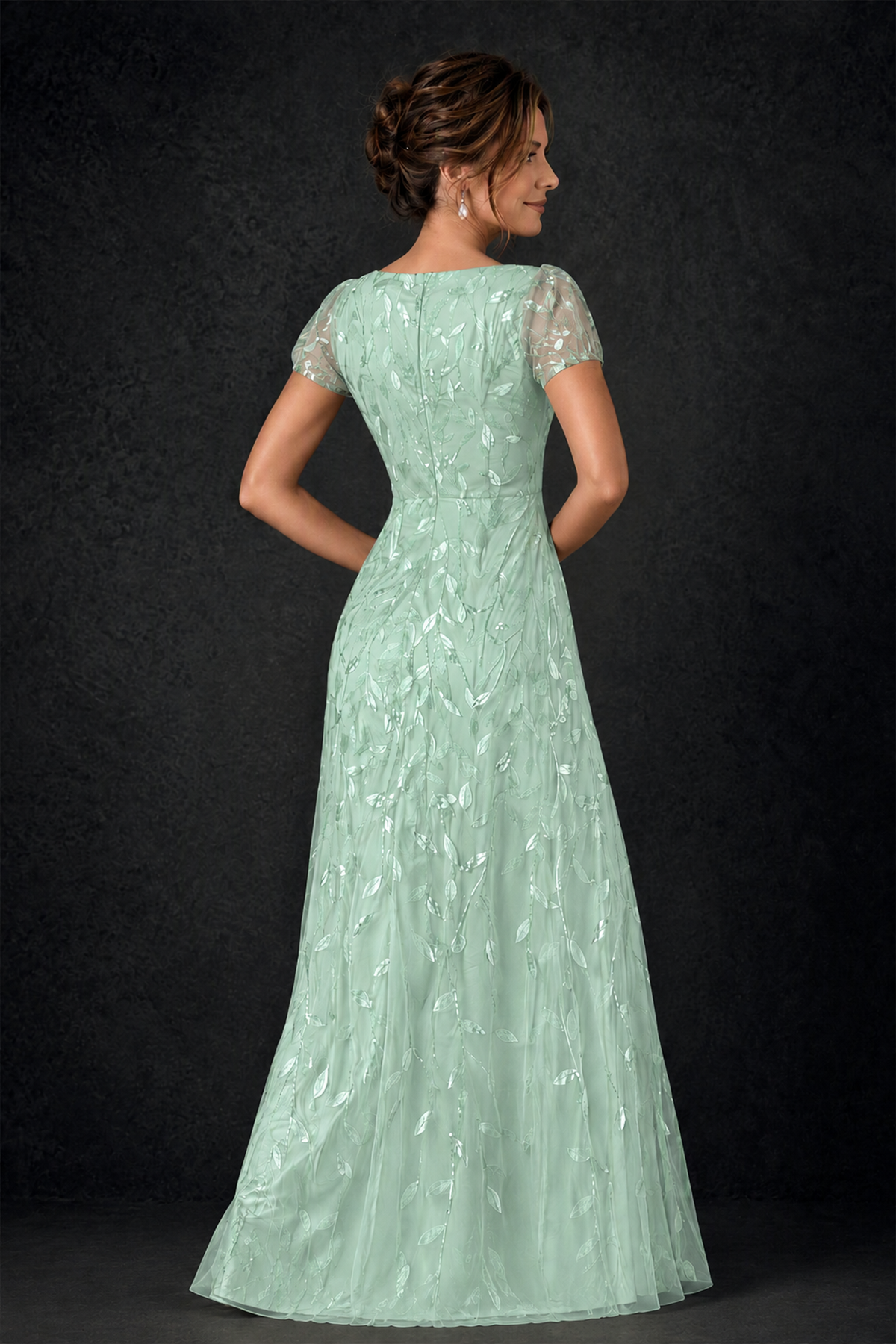 BOLODOO Mint Green Leaf Embroidered A-Line Formal Gown with Cap Sleeves - Mint Green - Mint_Green_4
