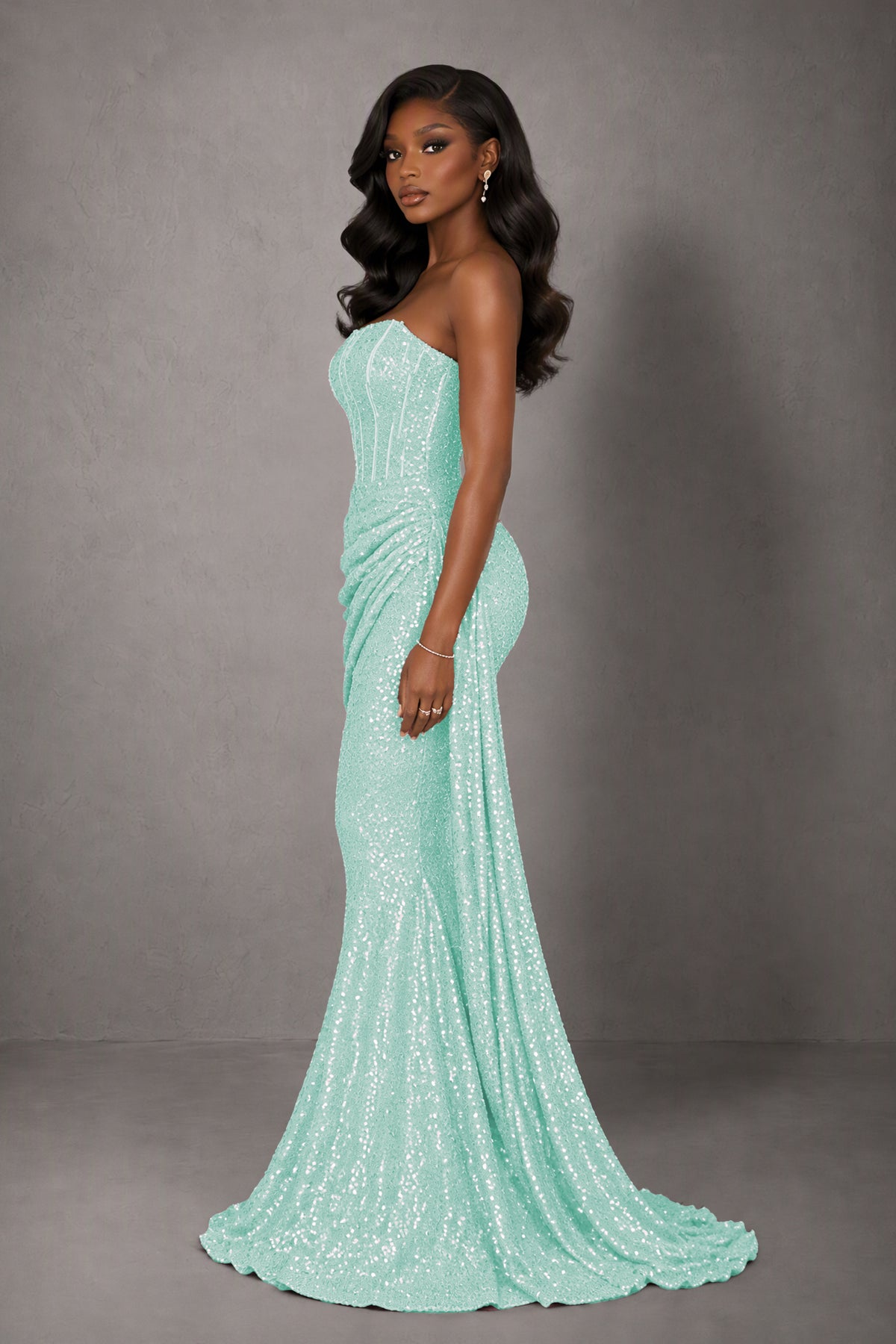 BOLODOO Mint Green Sequin Strapless Corset Mermaid Evening Gown with Train - Mint Green