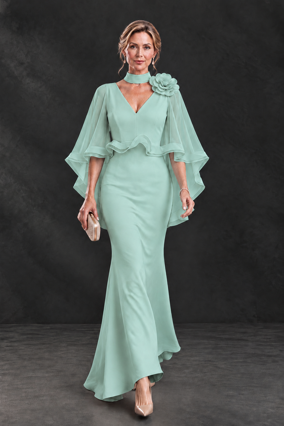 BOLODOO Mint Green Floral Cape Sleeve Mother of the Bride Dress - Mint Green - Mint_Green_4
