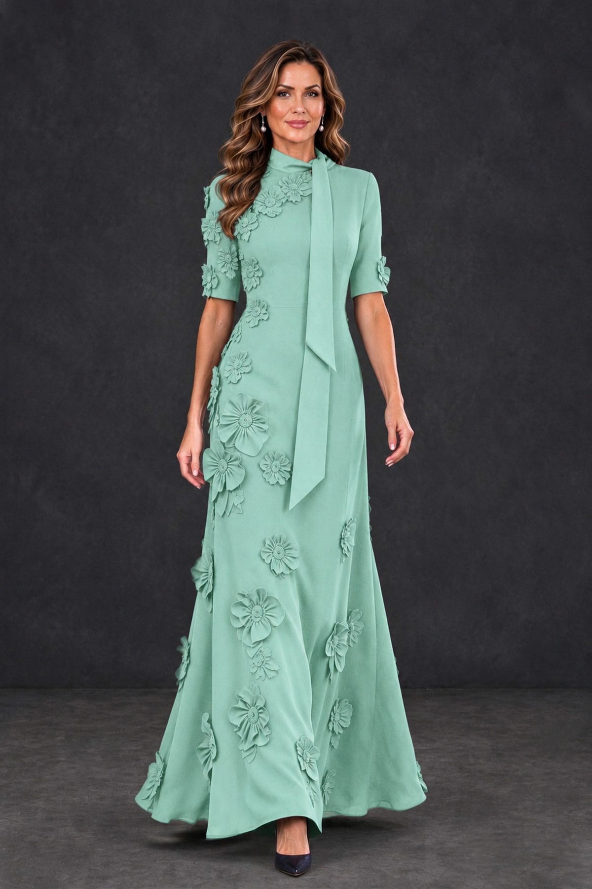 BOLODOO Mint Green Floral Applique High-Neck Half-Sleeve Gown - Mint Green - Mint Green_4