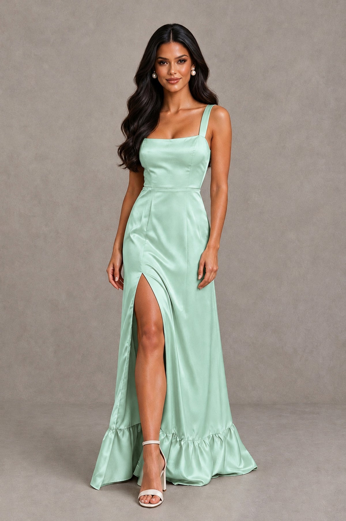 BOLODOO Mint Green Square Neck Satin Evening Dress with Lace-Up Back and High Slit - Mint Green - Mint Green_4
