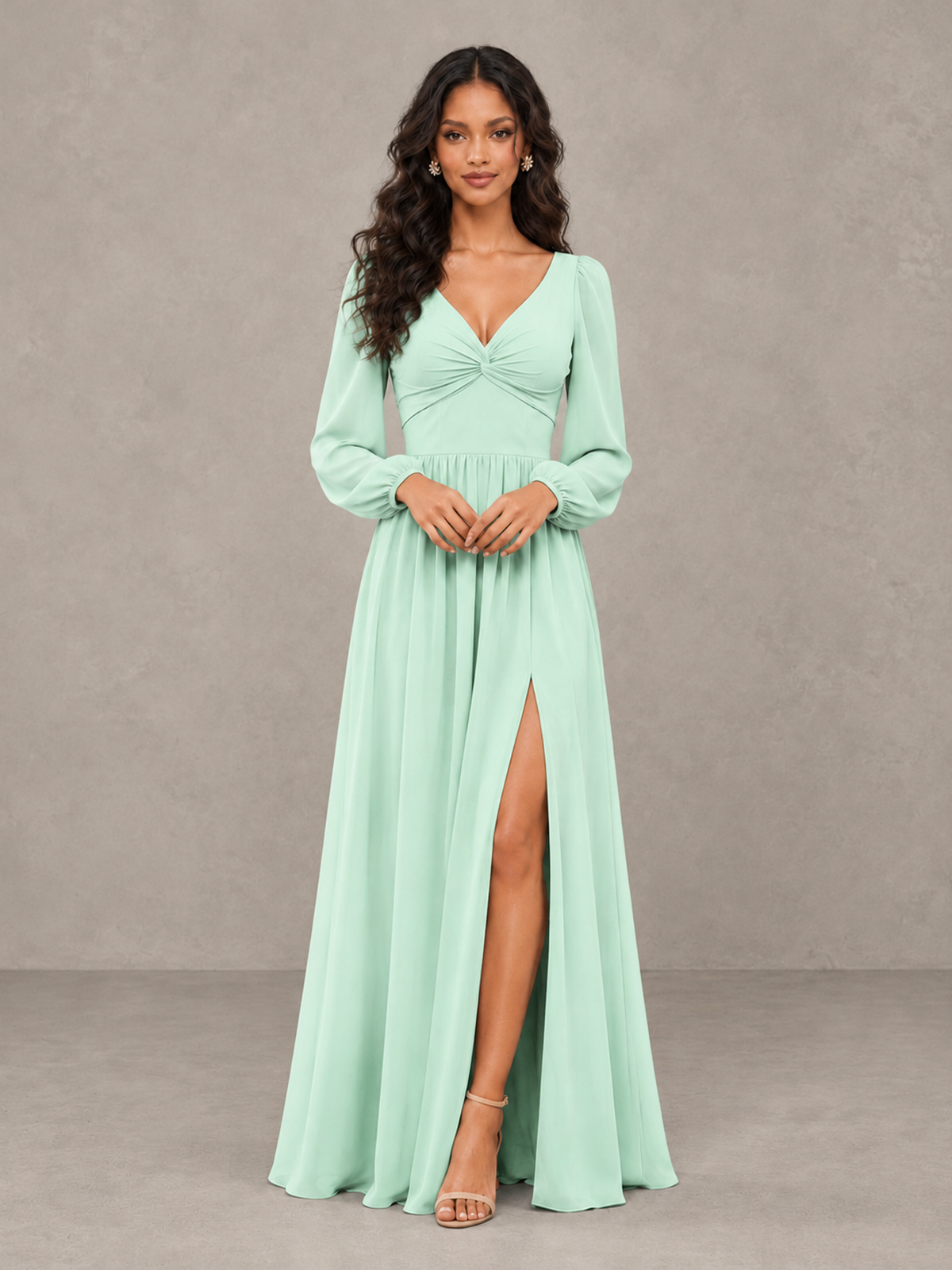 BOLODOO Mint Green V-Neck Long Sleeve Bridesmaid Dress with Tie Back and Slit - Mint Green - Mint Green_5