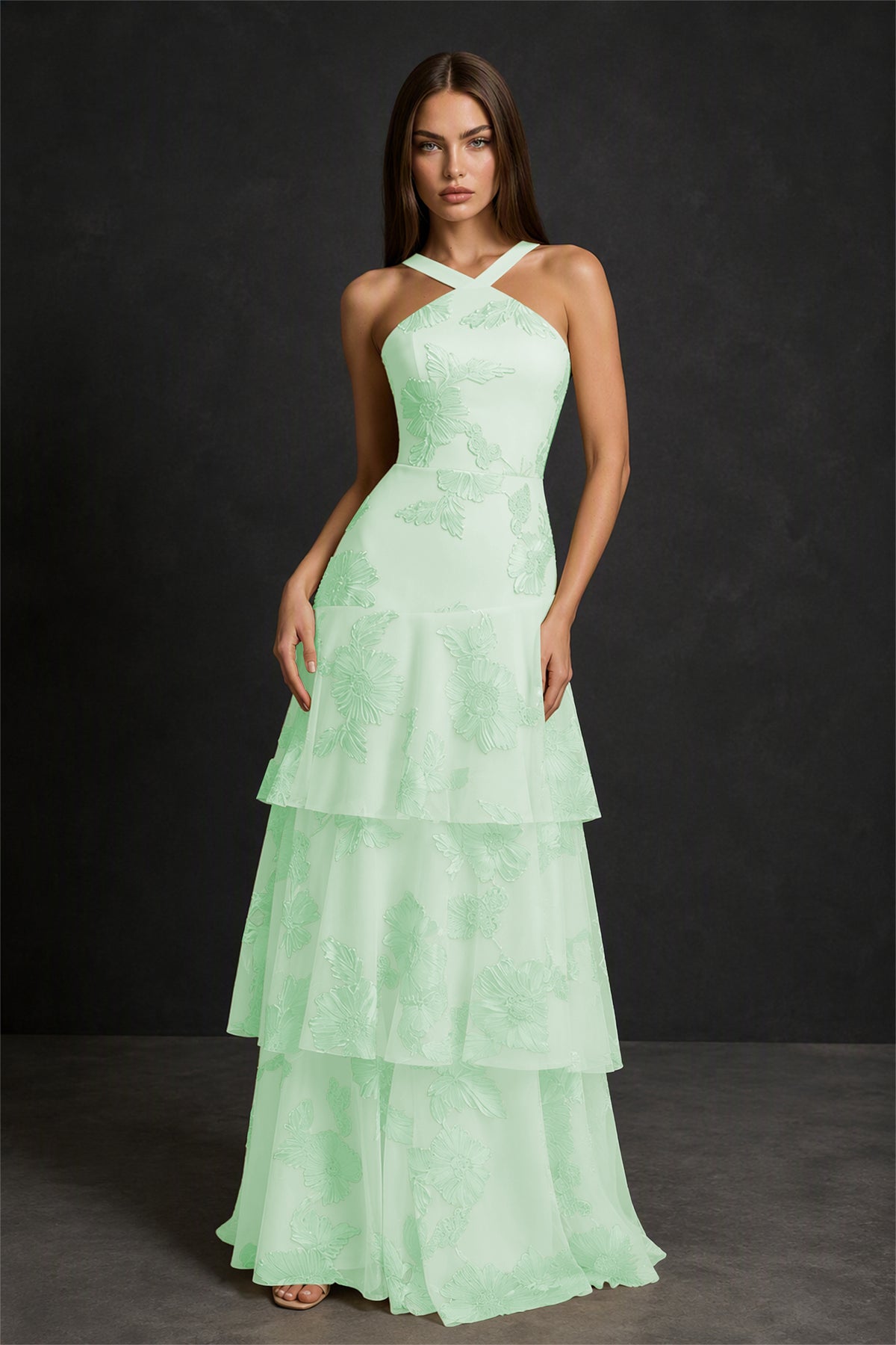 BOLODOO Mint Green Crisscross Halter Neck Mint Green Floral Embroidered Triple Tiered A-Line Tulle Maxi Dress - Mint Green